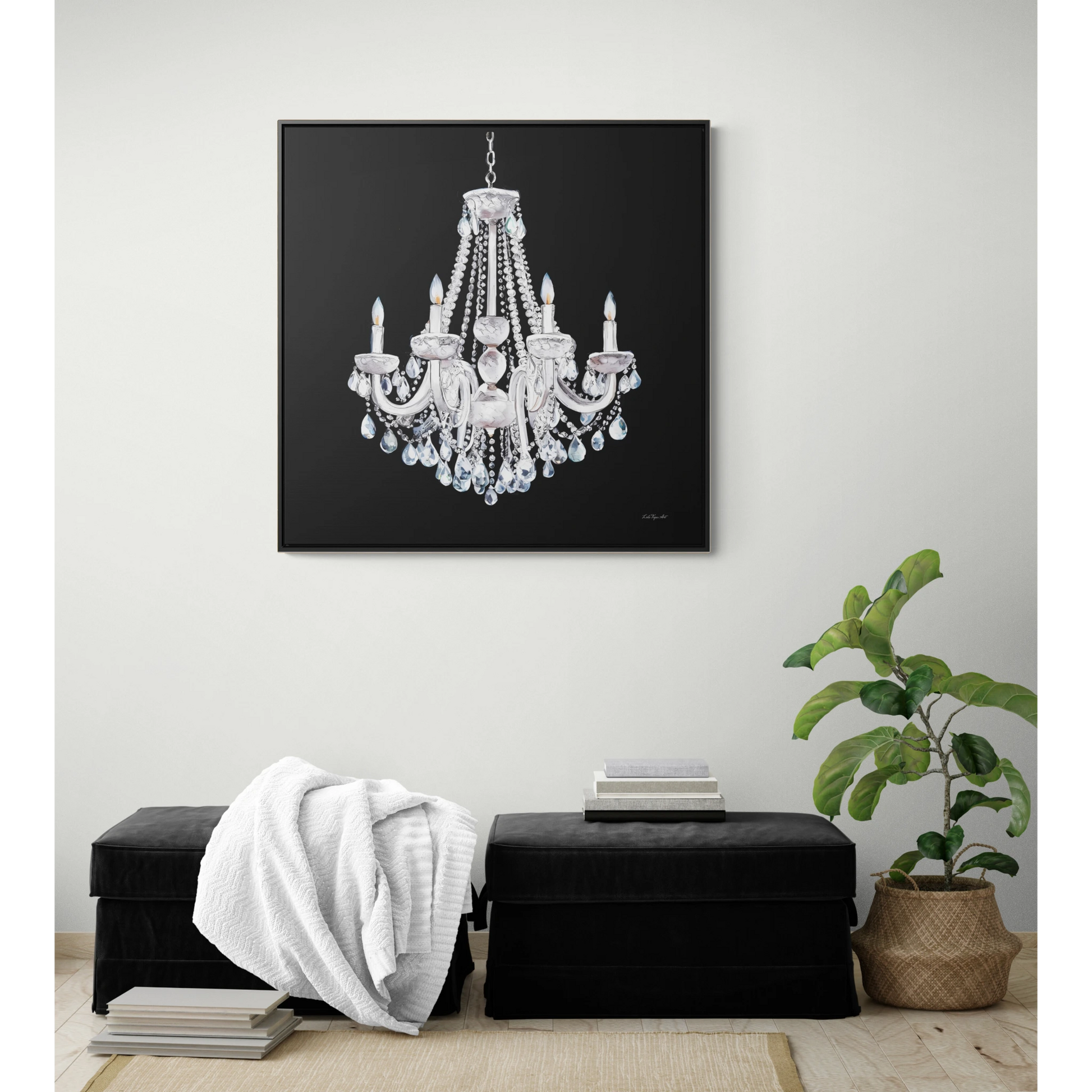 Square Frame Canvas Wall Art, Luxurious White Crystal Chandelier Painting for Fashionistas, Glamorous Wall Decor, Gallery Canvas Wraps, - LOLA VEGAS ART