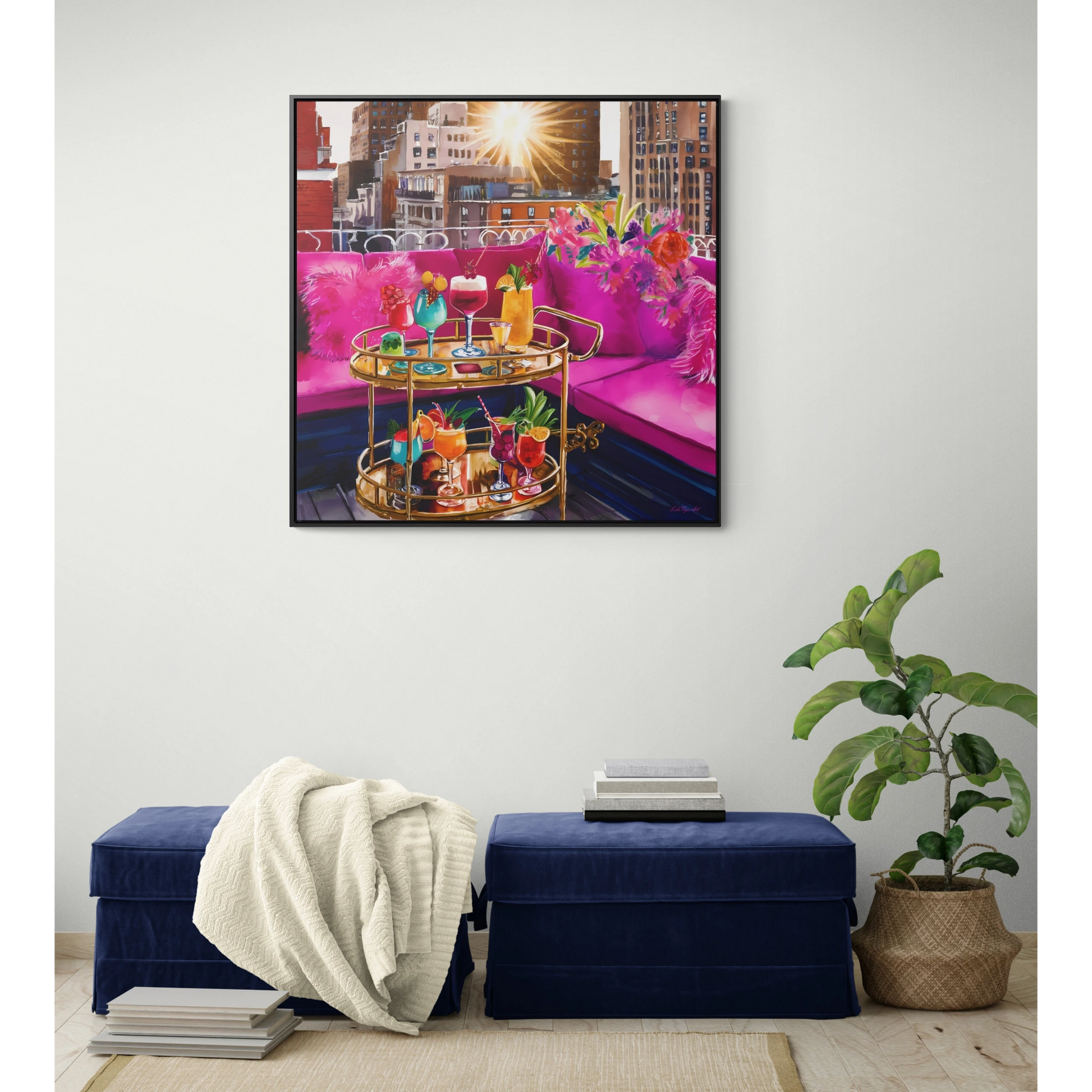 Fashionista Square Canvas Wall Art NYC Rooftop Deck, Hot Pink Couch, Cocktails, Glamorous & Feminine, Pink Decor, Trendy, Glam Girl - LOLA VEGAS ART