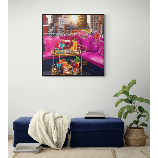 Fashionista Square Canvas Wall Art NYC Rooftop Deck, Hot Pink Couch, Cocktails, Glamorous & Feminine, Pink Decor, Trendy, Glam Girl - LOLA VEGAS ART