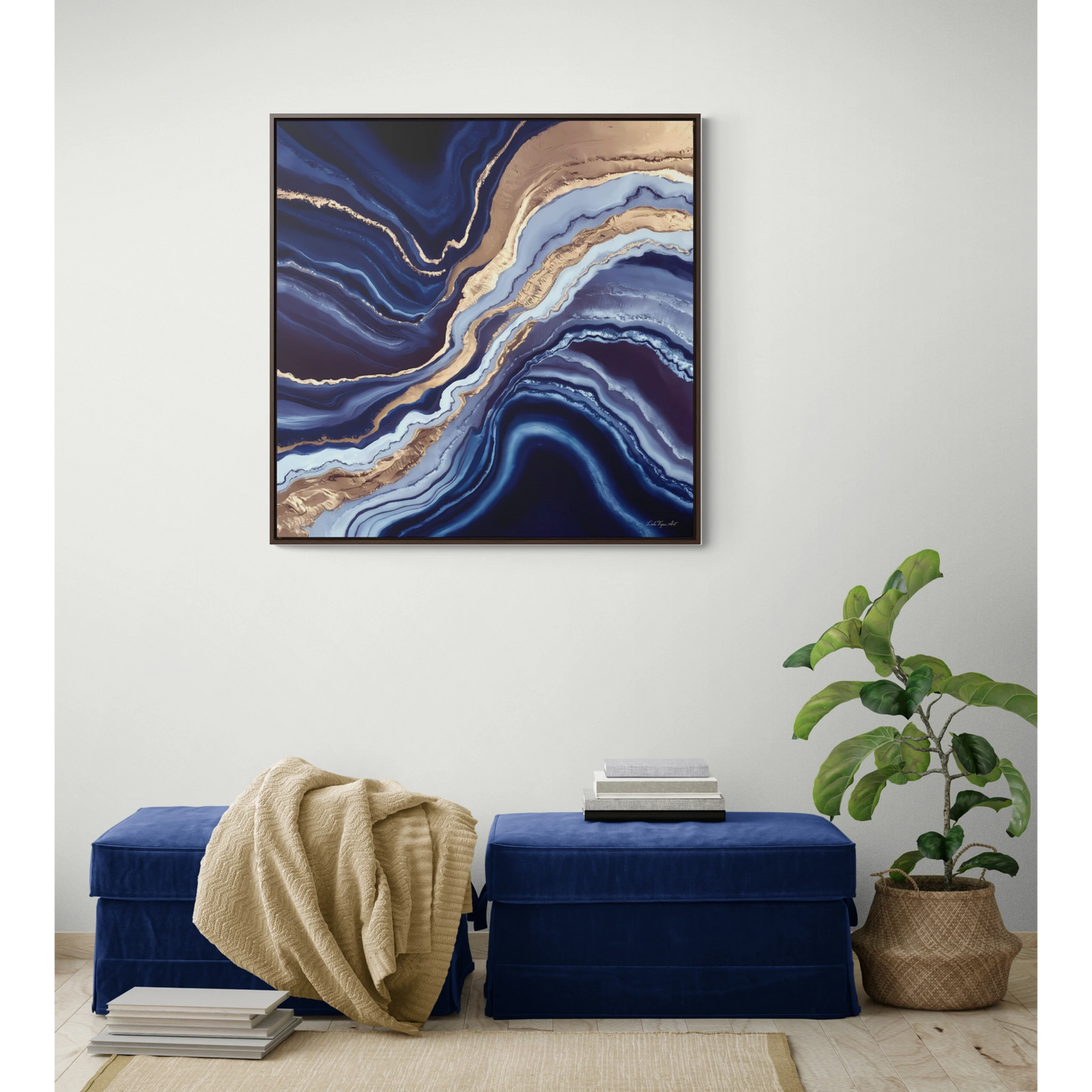 Geode Canvas Wall Art, Blue Gold White Square Frame, Decorative Gallery Wrap, Abstract Painting, Home Decor, Modern Artwork, Gift for Her - LOLA VEGAS ART