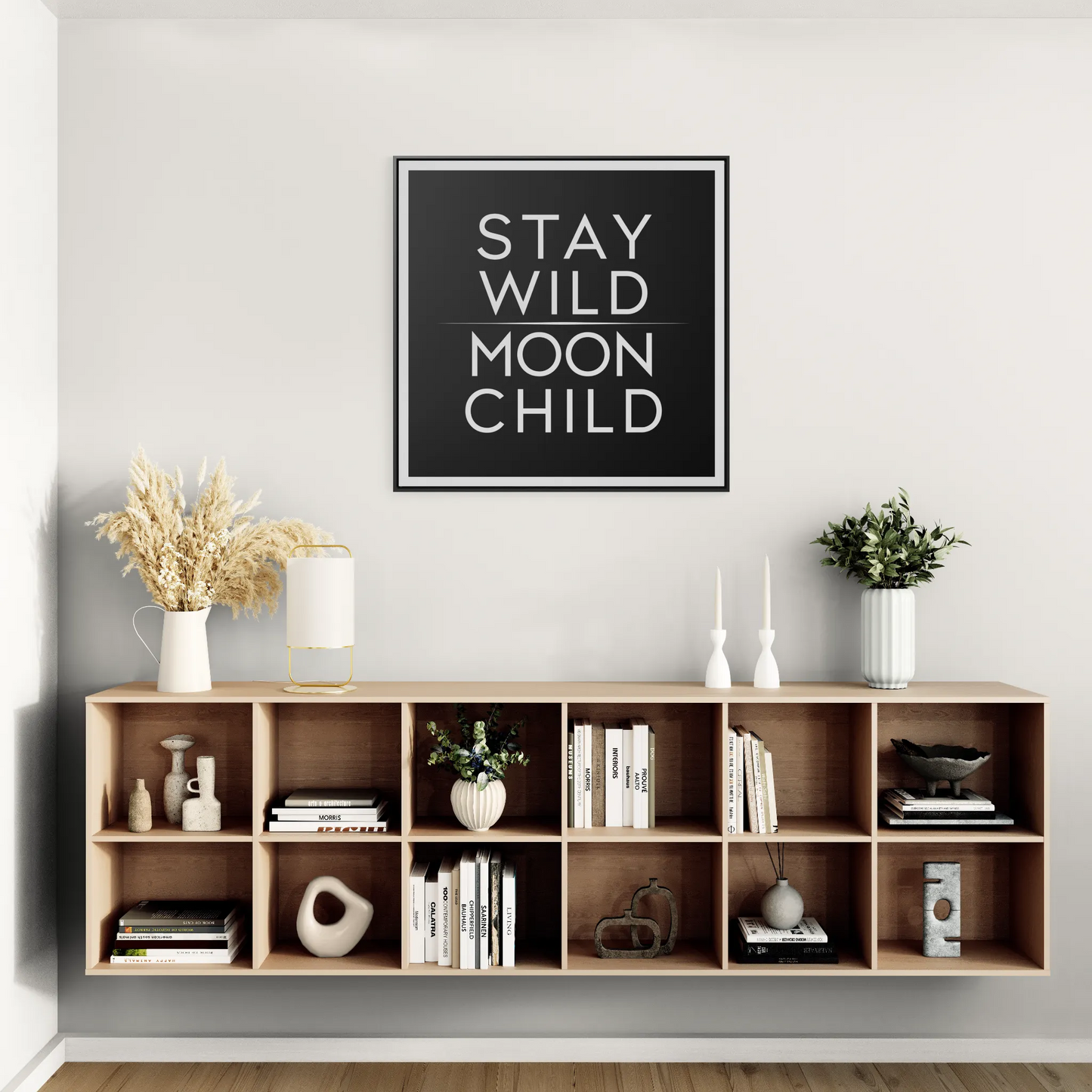 Square Frame Canvas Wall Art, Stay Wild Moon Child Typography Print, Black and White Home Decor, Gallery Canvas Wraps, Boho Wall Hanging, - LOLA VEGAS ART