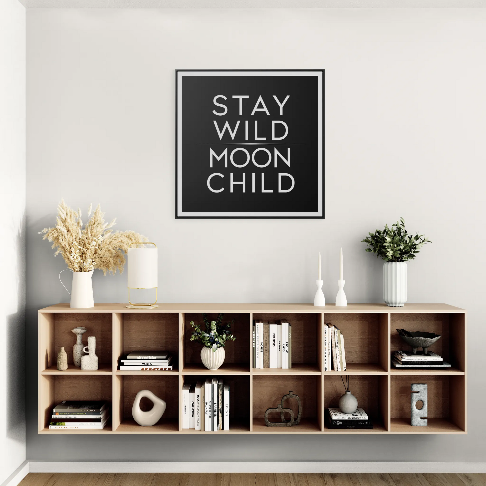 Square Frame Canvas Wall Art, Stay Wild Moon Child Typography Print, Black and White Home Decor, Gallery Canvas Wraps, Boho Wall Hanging, - LOLA VEGAS ART