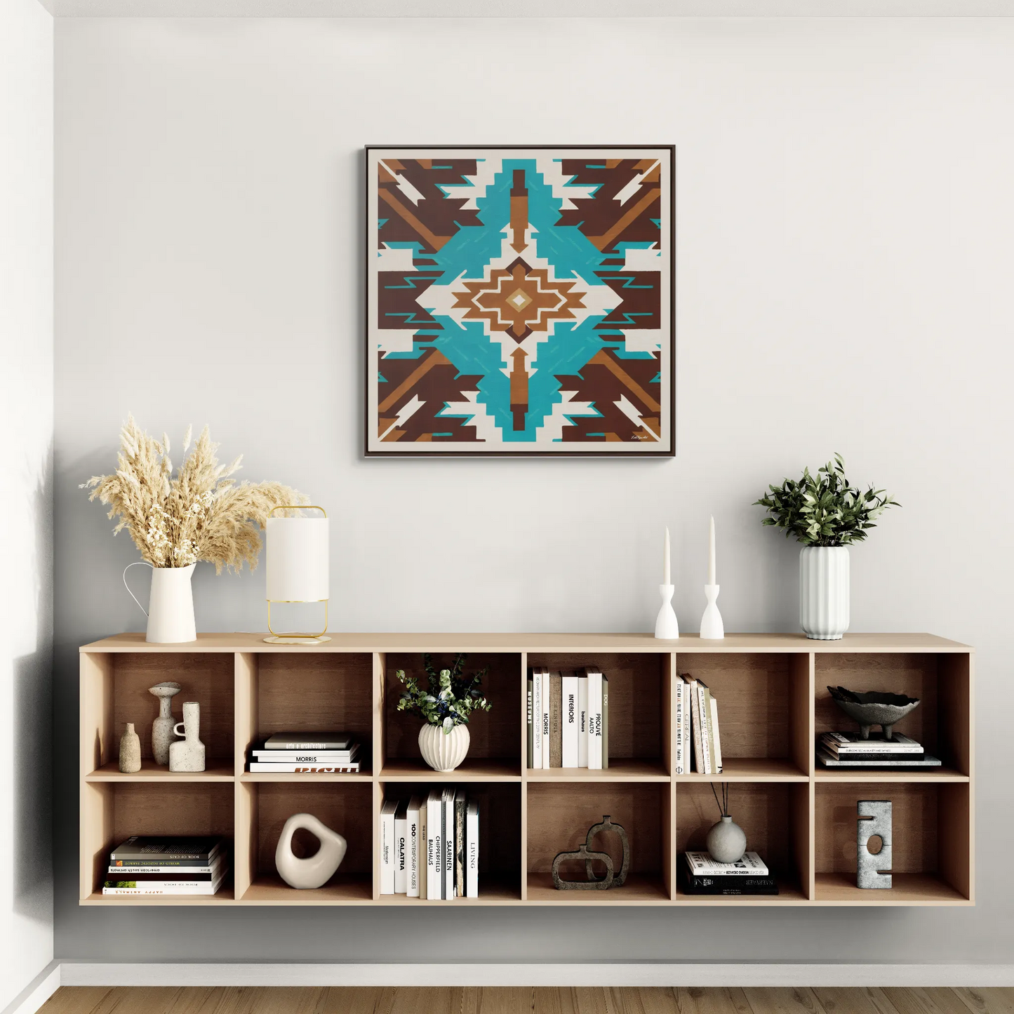 Framed Canvas Art, Native American Boho Wall Decor, Ethnic Home Decoration, Square Frame, Gallery Canvas, Turquoise and Brown Design - LOLA VEGAS ART