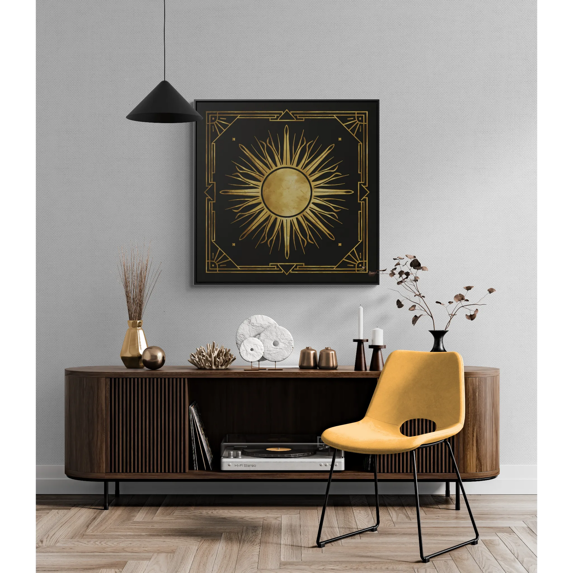 Canvas Wall Art, Black and Distressed Gold Art Deco Sun Square, Framed Decor, Dramatic Retro Style, Home Decoration, Square Frame - LOLA VEGAS ART