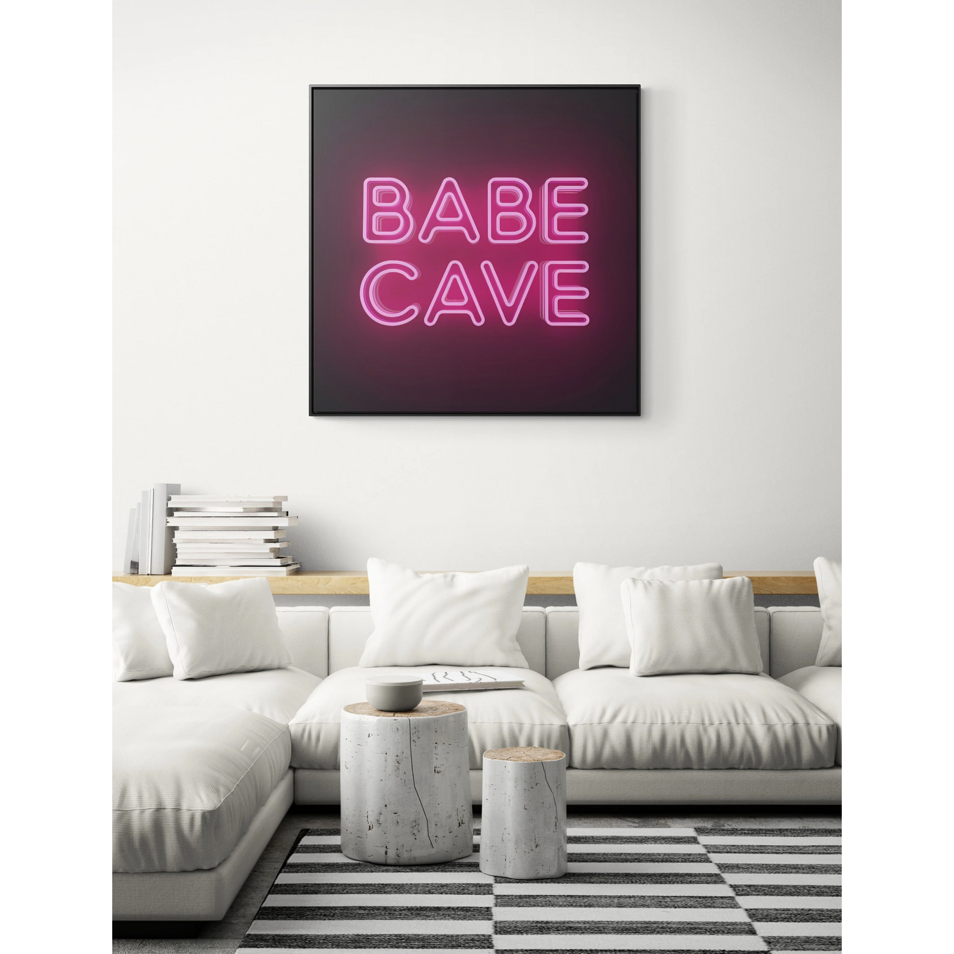 Canvas Wall Art Babe Cave, Feminine Pink Neon Typography Square Framed Decor, Square Frame Wall Hanging, Trendy Gallery Canvas Print, Home - LOLA VEGAS ART