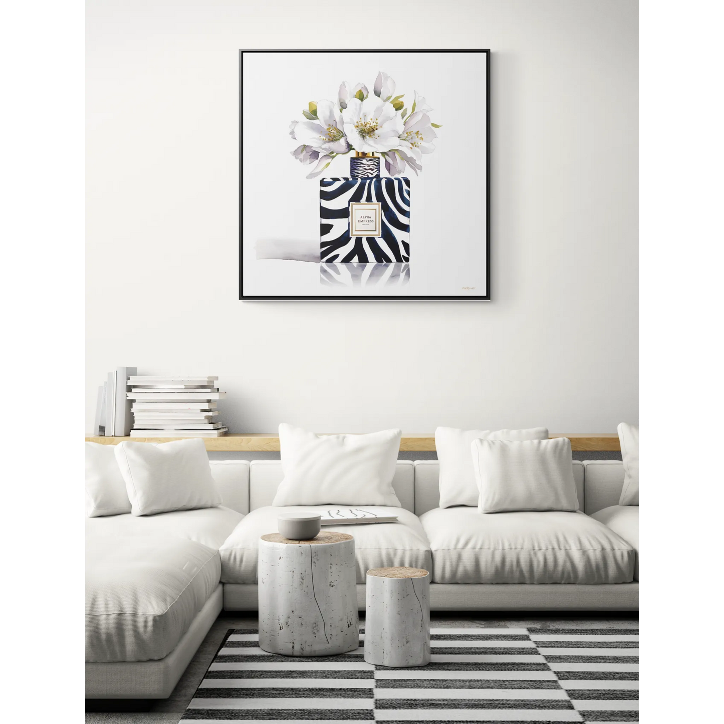 Framed Canvas Wall Art - Watercolor Zebra Perfume Bottle 'ALPHA EMPRESS' with White Flowers Print - LOLA VEGAS ART