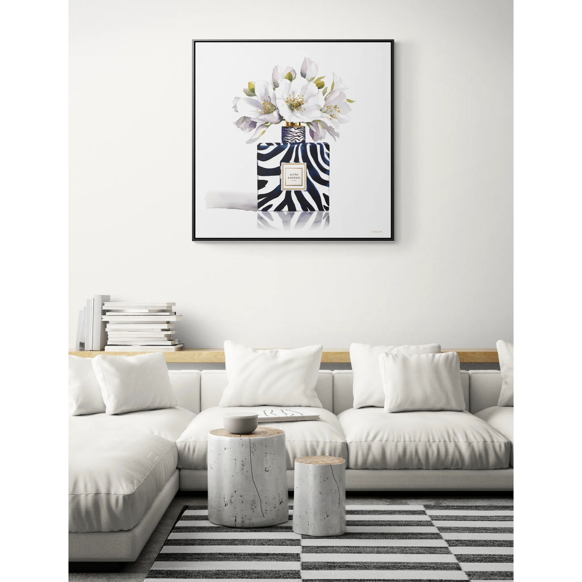 Framed Canvas Wall Art - Watercolor Zebra Perfume Bottle 'ALPHA EMPRESS' with White Flowers Print - LOLA VEGAS ART