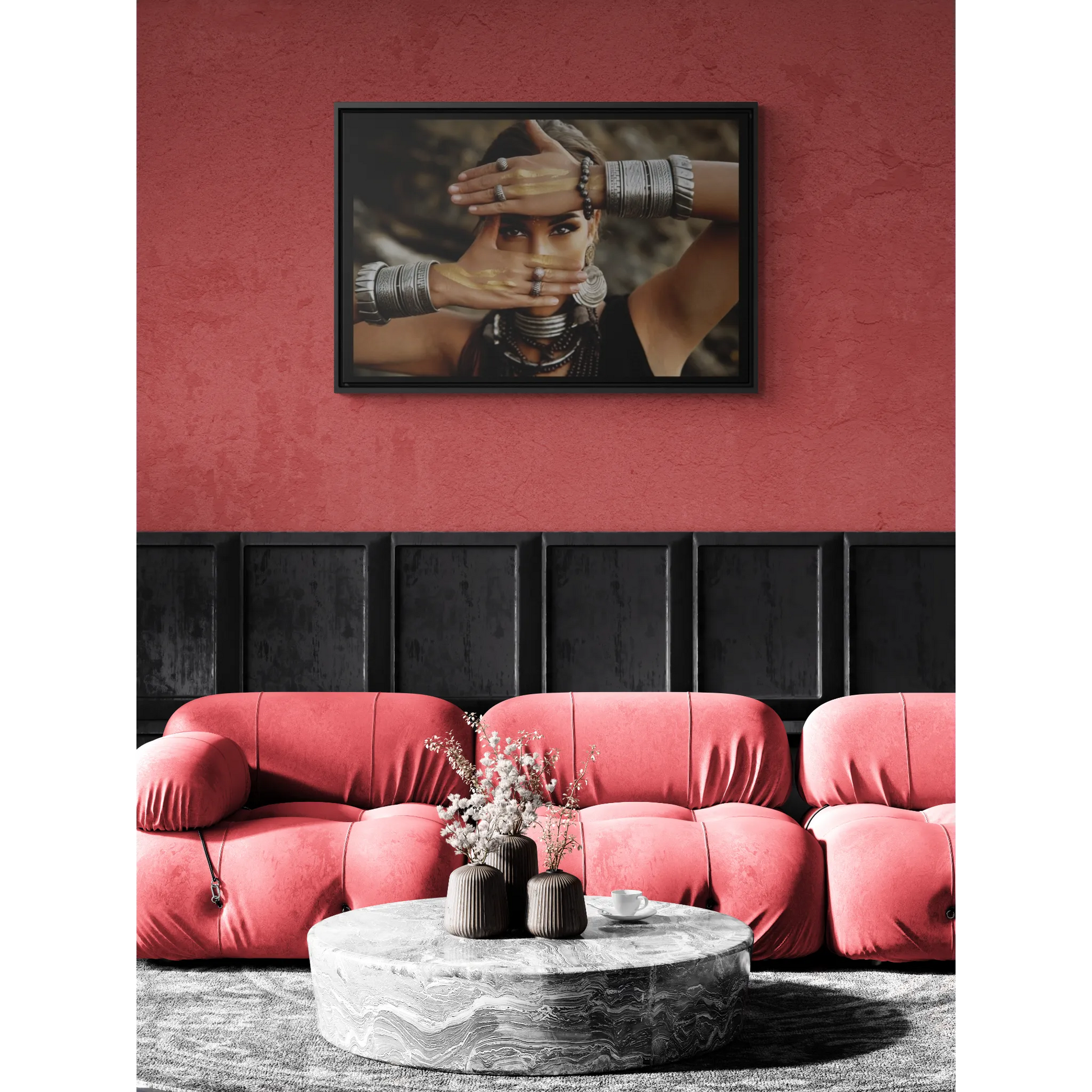 Indigenous Woman Silver Jewelry Square Canvas Wall Art, Ethnic Decor, Exotic Fine Art Photography, Mysterious Home Decor, Dramatic Wall - LOLA VEGAS ART