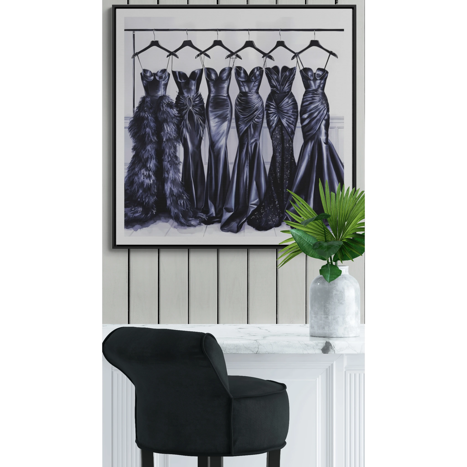 Fashion Wall Art Square Frame, Black Evening Gowns Canvas, Hollywood Regency Glam Home Decor, Gallery Canvas Wraps, Square Frame, Square - LOLA VEGAS ART