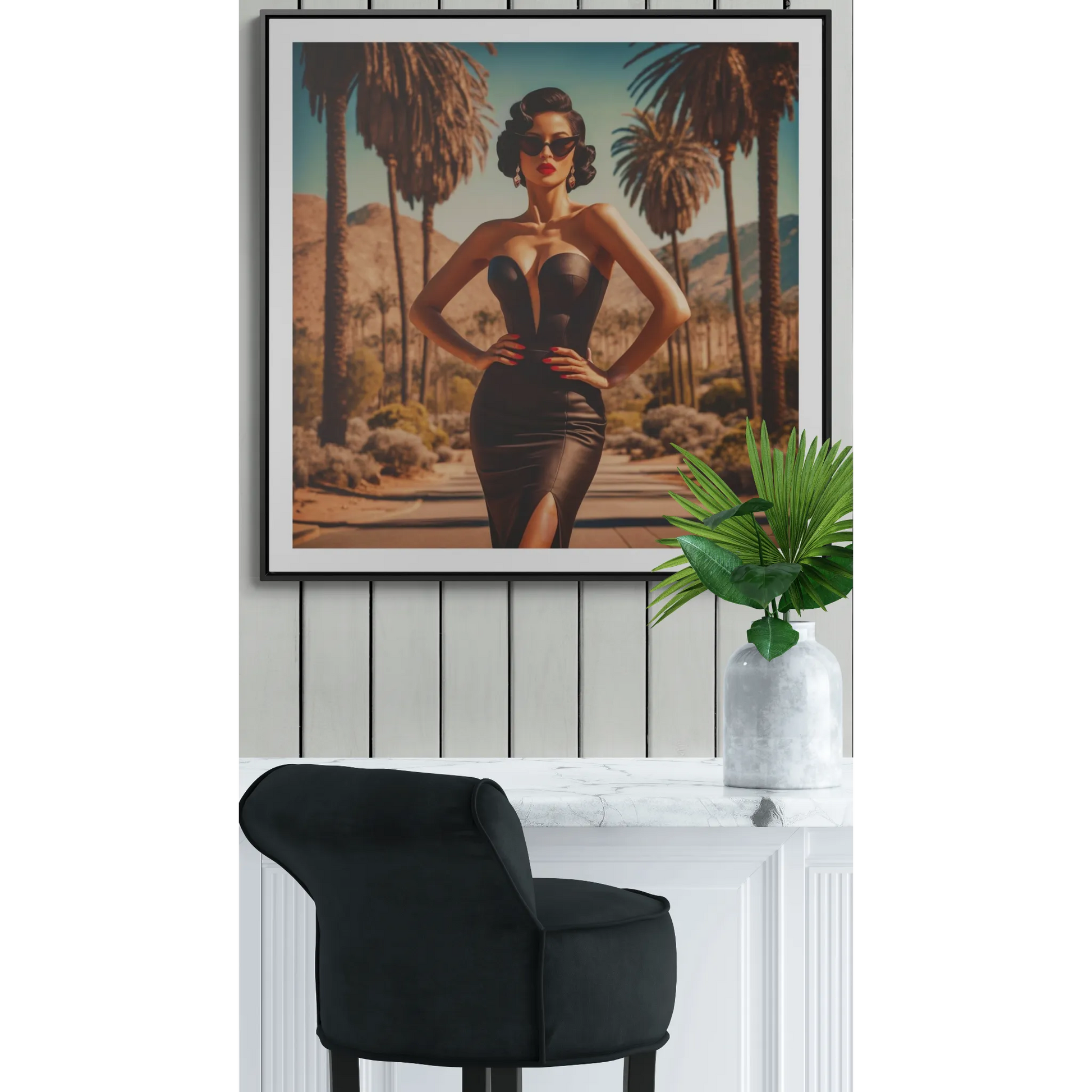 Canvas Wall Art, Glamorous Retro Woman in Palm Springs Square Frame, Fashion Glam Home Decor, Wall Hanging, Gift for Her, Home Office Decor, - LOLA VEGAS ART