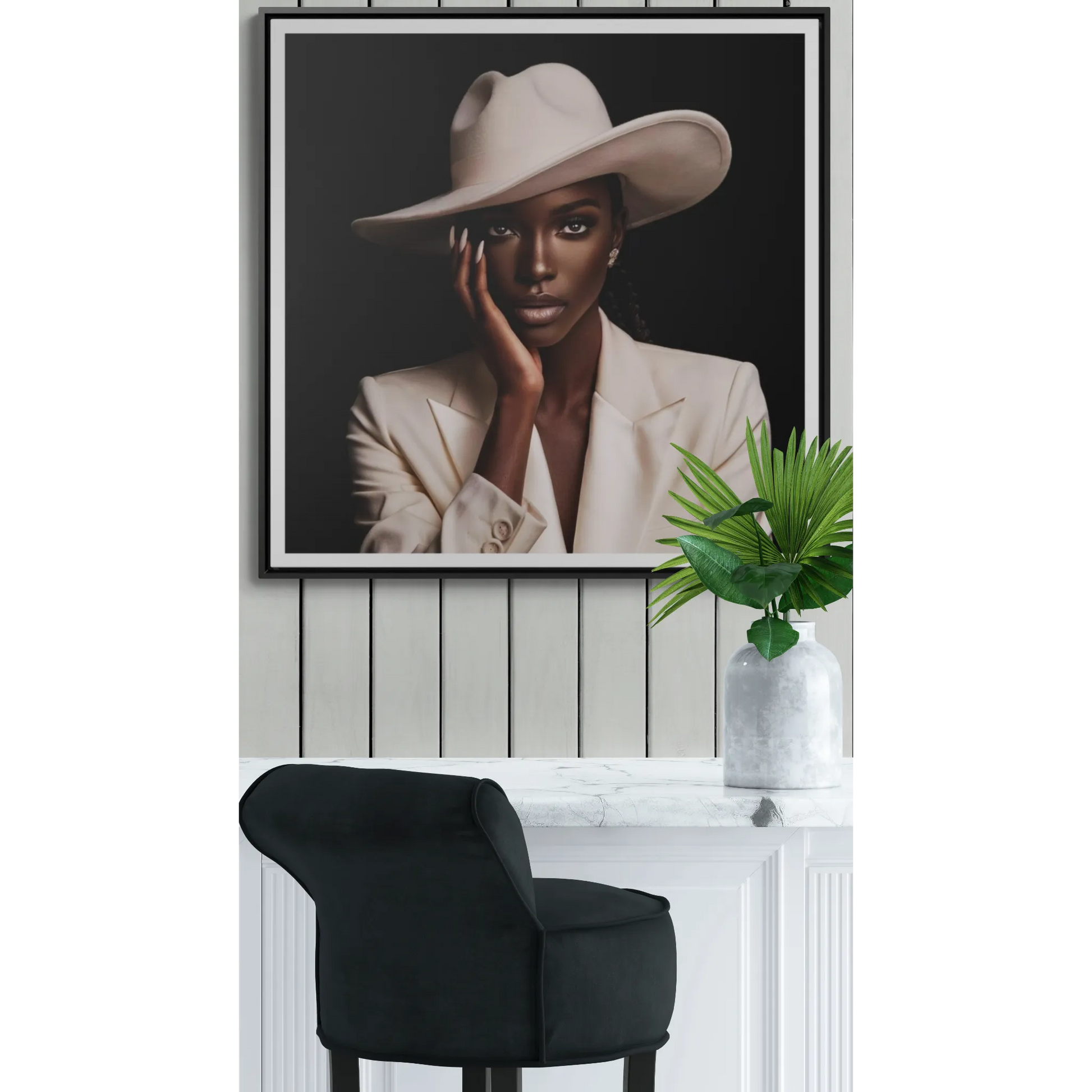 Canvas Wall Art - African Woman in White Hat Square Frame, Black Girl Magic Decor - LOLA VEGAS ART