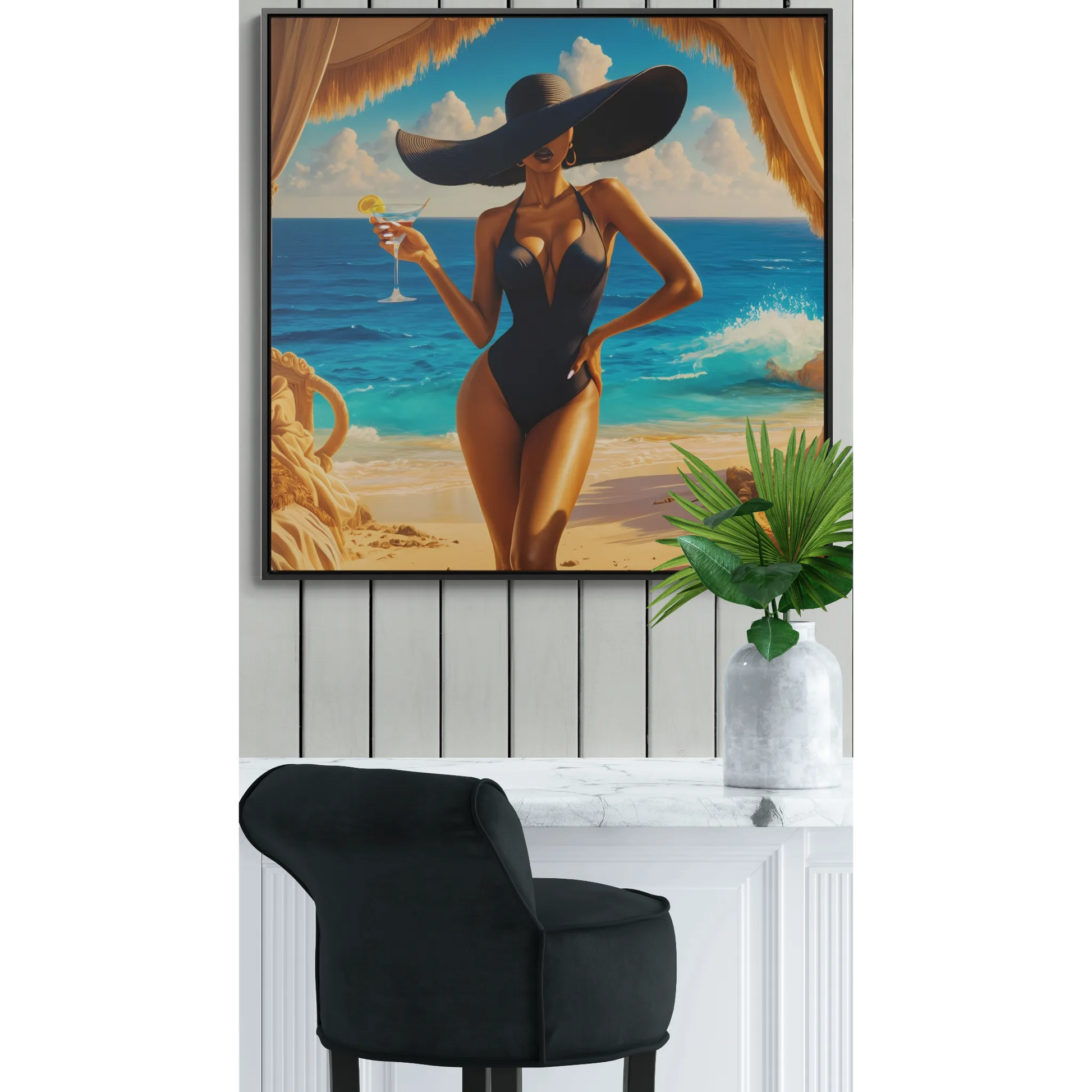 Canvas Wall Art, Woman in Sunhat at Beach with Martini, Home Decor, Square Frame, Vacation, Summer, Ocean View, Tropical Artwork, Beach - LOLA VEGAS ART