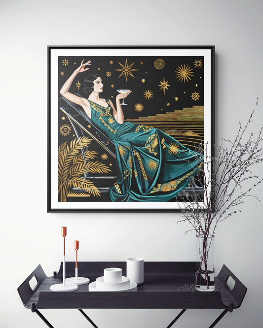 Art Deco Lady with Cocktail Matte Canvas Framed Wall Art