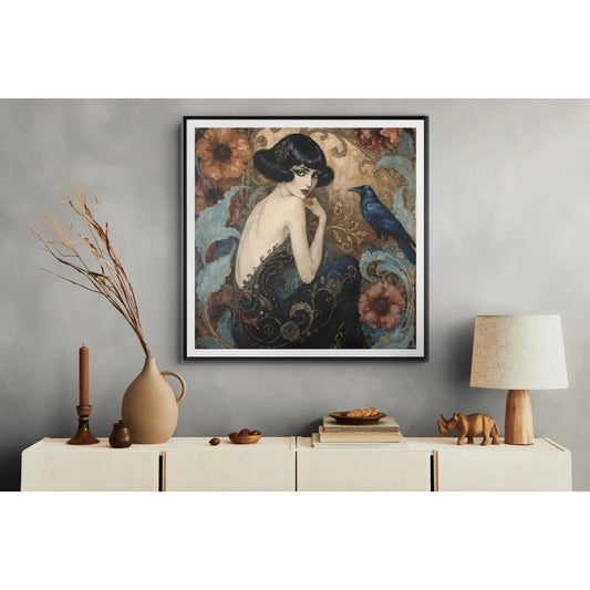 Art Deco Lady with Raven Matte Canvas Framed Wall Art | Vintage Floral Portrait