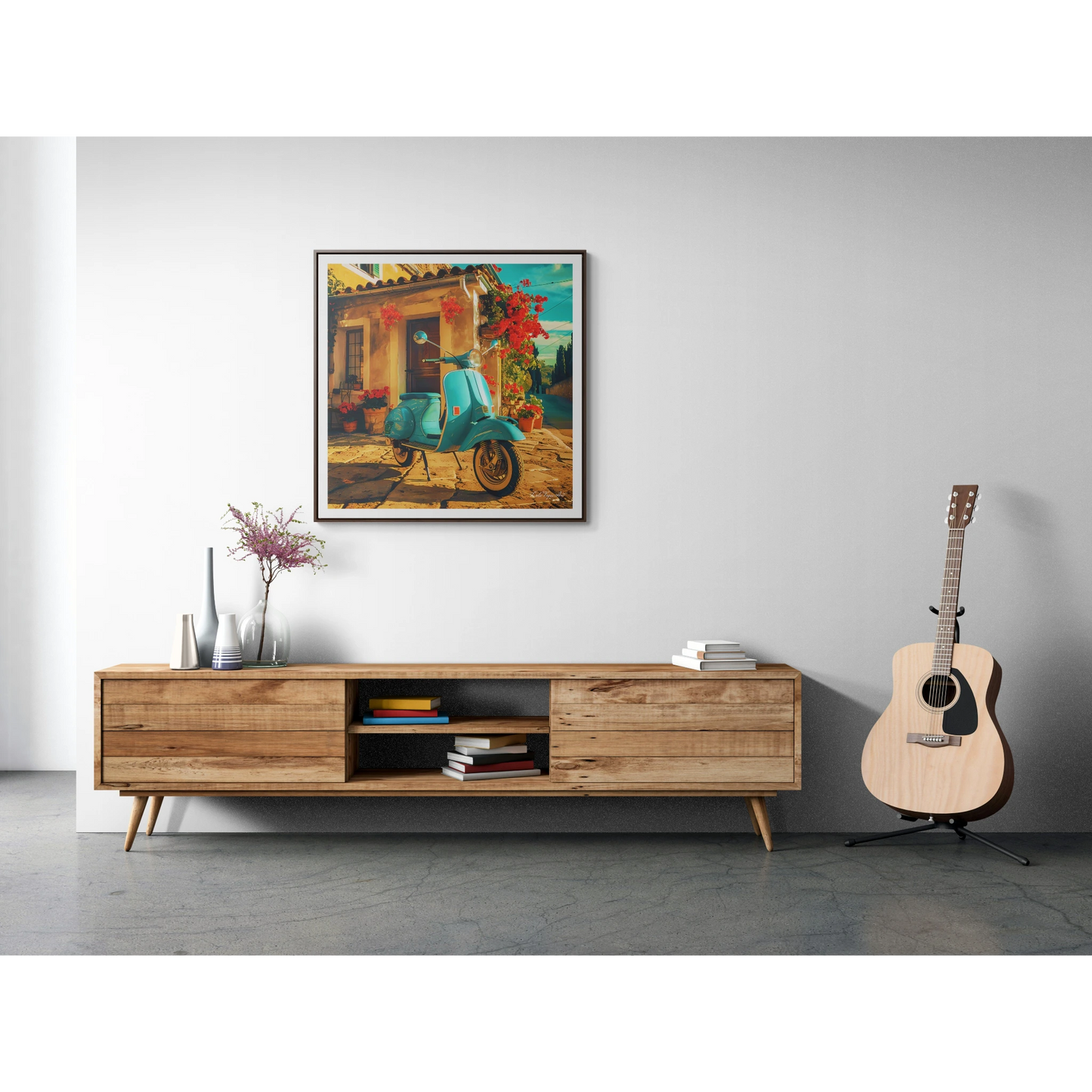 Square Frame Canvas Art, Turquoise Scooter Parked Outside Quaint Italian Village House with Red Flowers, Wall Decor, Home Decor, Summer Day - LOLA VEGAS ART