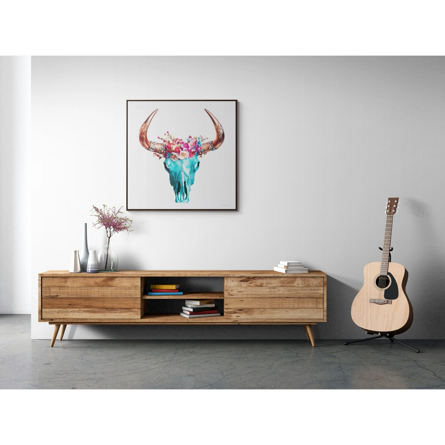 Boho Turquoise Skull Head Square Frame Gallery Canvas Wrap Wall Art, Eclectic N Chic, Hippie Floral Horns Decor, Southwest - LOLA VEGAS ART