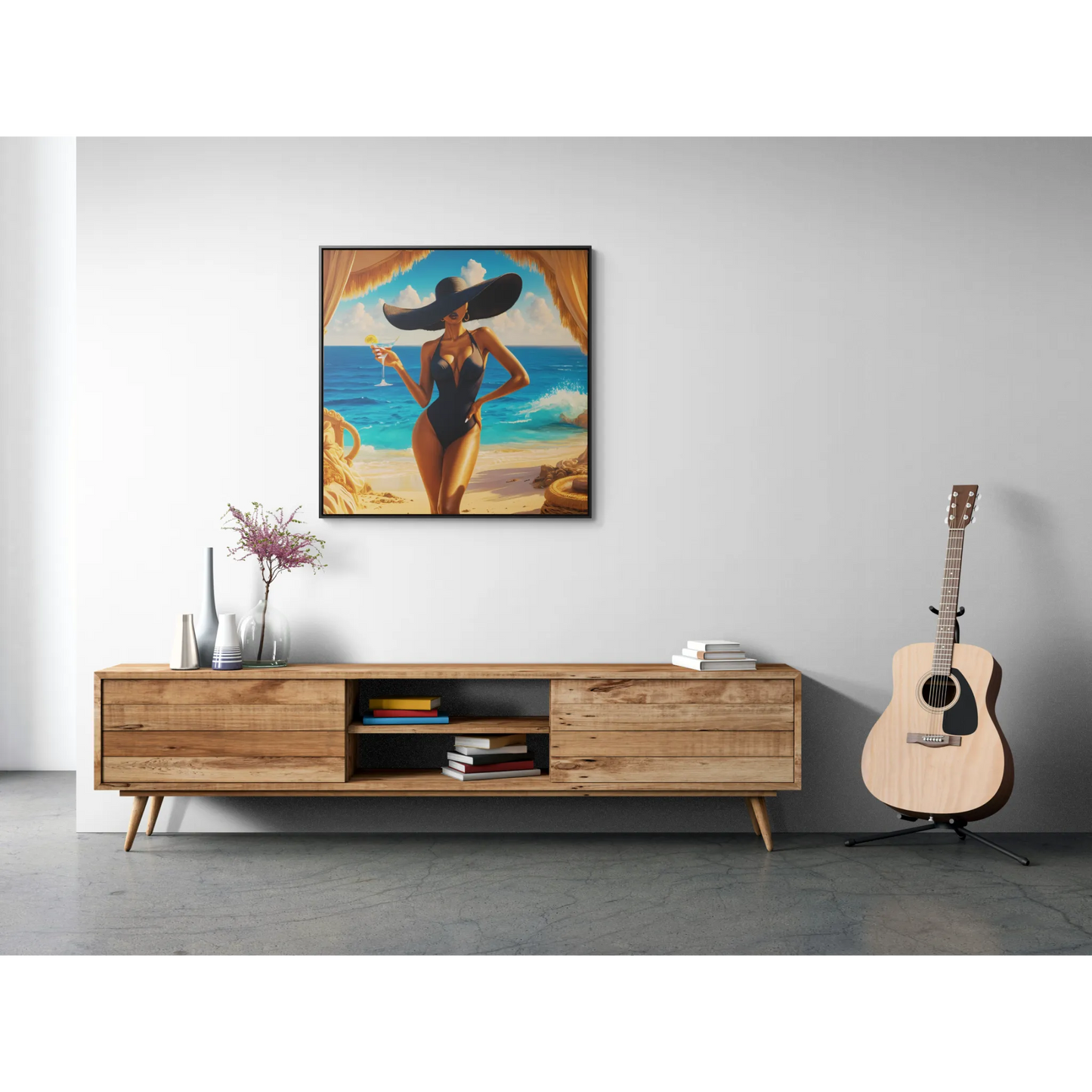 Canvas Wall Art, Woman in Sunhat at Beach with Martini, Home Decor, Square Frame, Vacation, Summer, Ocean View, Tropical Artwork, Beach - LOLA VEGAS ART