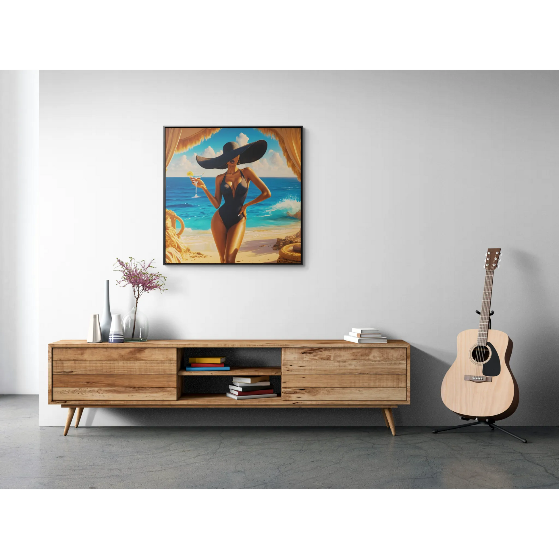 Canvas Wall Art, Woman in Sunhat at Beach with Martini, Home Decor, Square Frame, Vacation, Summer, Ocean View, Tropical Artwork, Beach - LOLA VEGAS ART