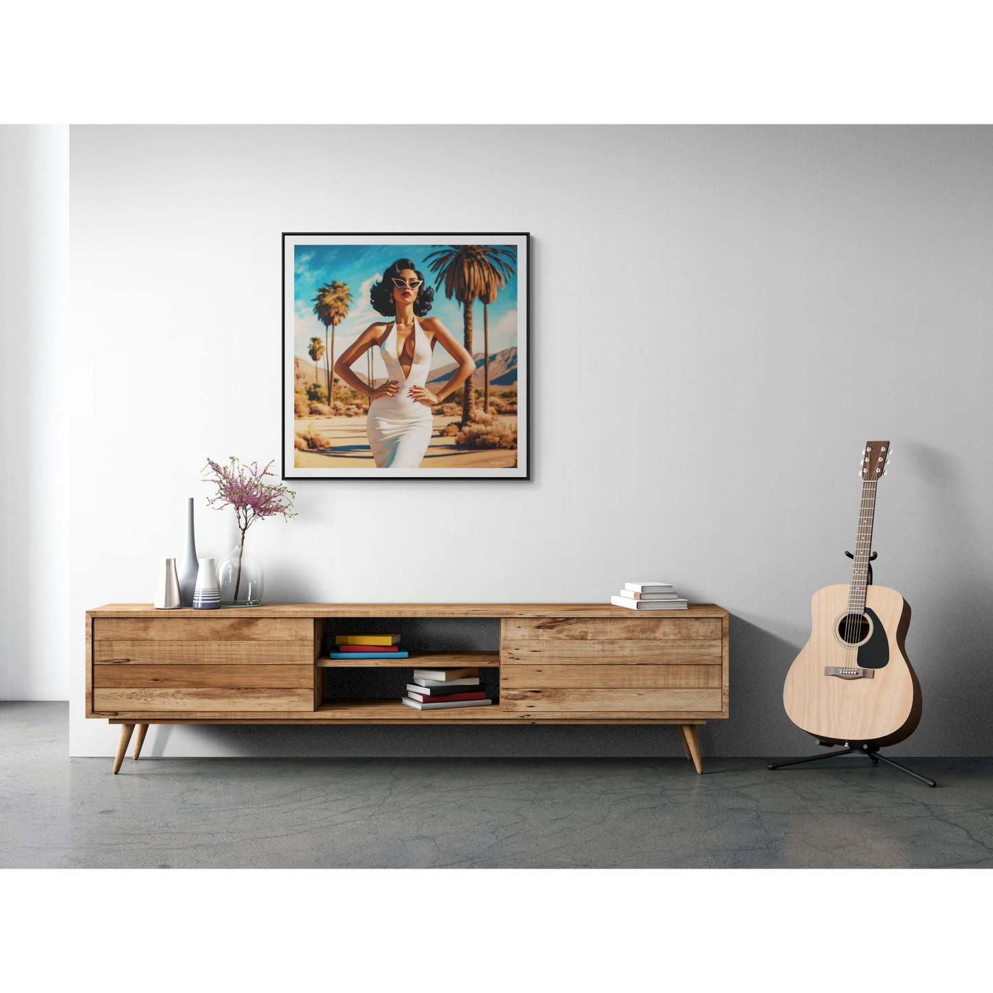 Square Frame Canvas Wall Art, Retro Glamorous Woman in Palm Springs Desert, Square Frame Wall Decor, Gallery Canvas Wraps, Palm Trees Art - LOLA VEGAS ART