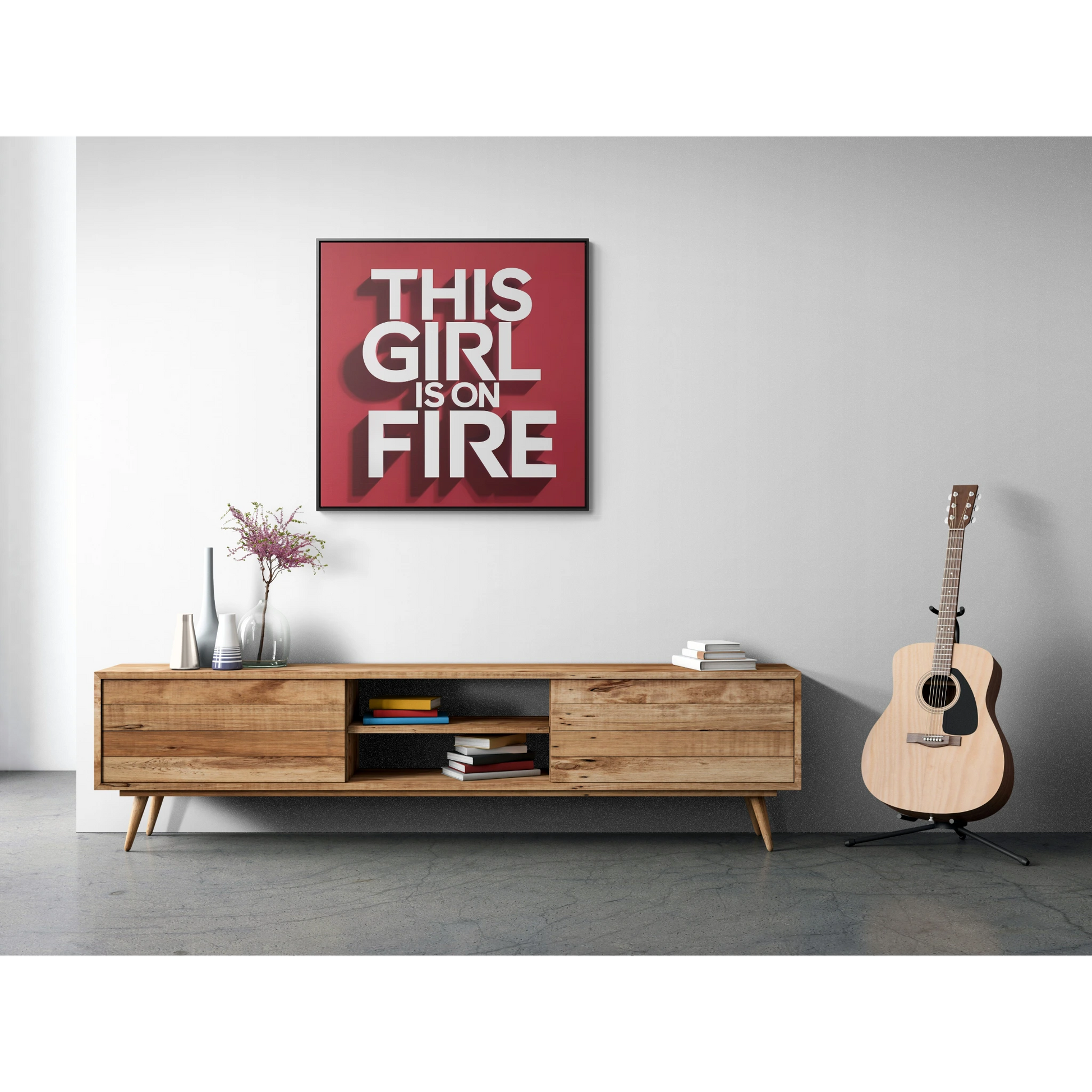 Canvas Wall Art, Female Empowerment Decor, Typography Square Frame, This Girl is on Fire, Trendy Red and White Home Decor, Gallery Wrap - LOLA VEGAS ART