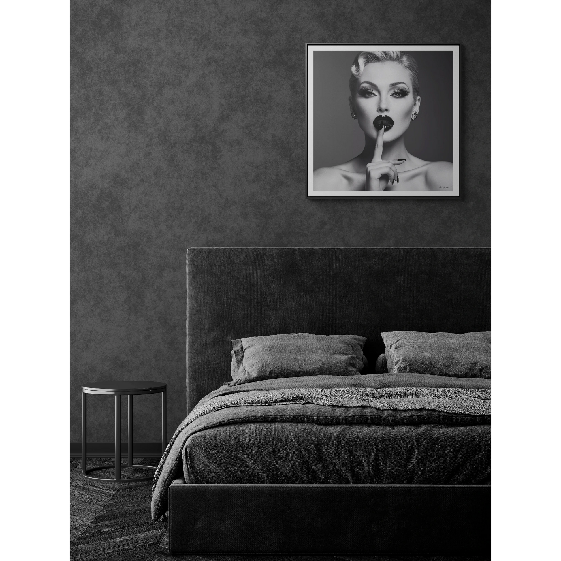 Square Frame Canvas Wall Art, Black & White Glamorous Woman Be Quiet Portrait, Fine Art Photography, Gallery Canvas Wraps, Home Decor, Wall - LOLA VEGAS ART