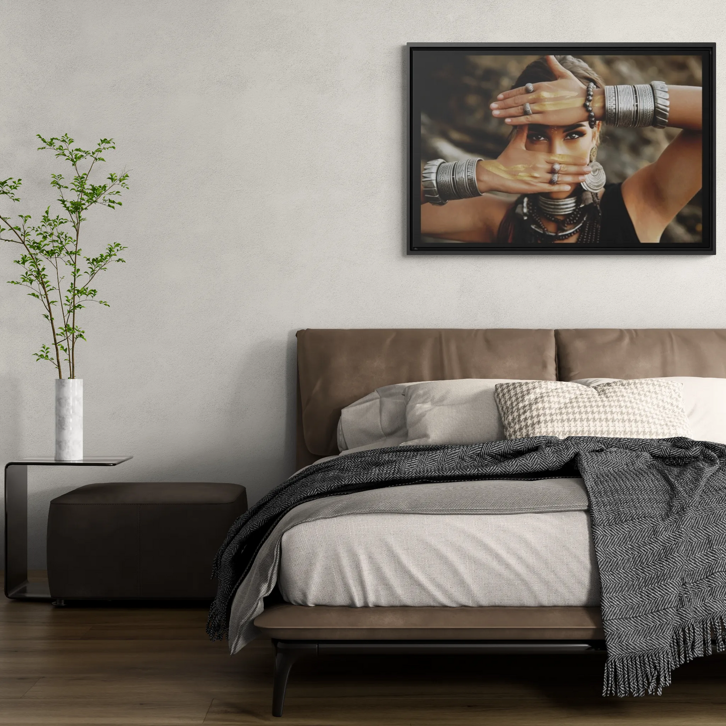 Indigenous Woman Silver Jewelry Square Canvas Wall Art, Ethnic Decor, Exotic Fine Art Photography, Mysterious Home Decor, Dramatic Wall - LOLA VEGAS ART