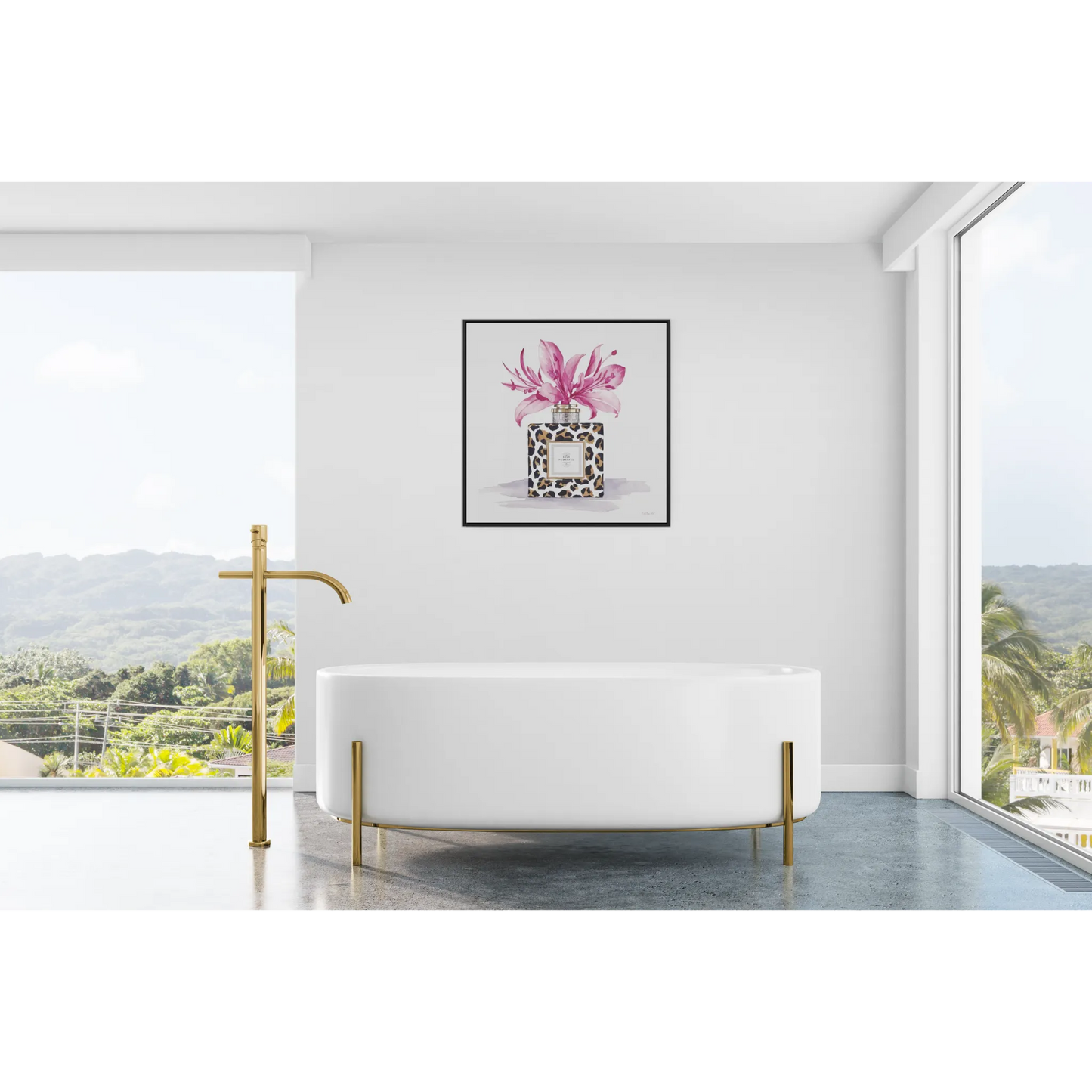 Square Frame Canvas Wall Art, Leopard Print Perfume Bottle with Pink Flowers, Feminine Fashion Decor - Gallery Canvas Wraps, Home Office - LOLA VEGAS ART