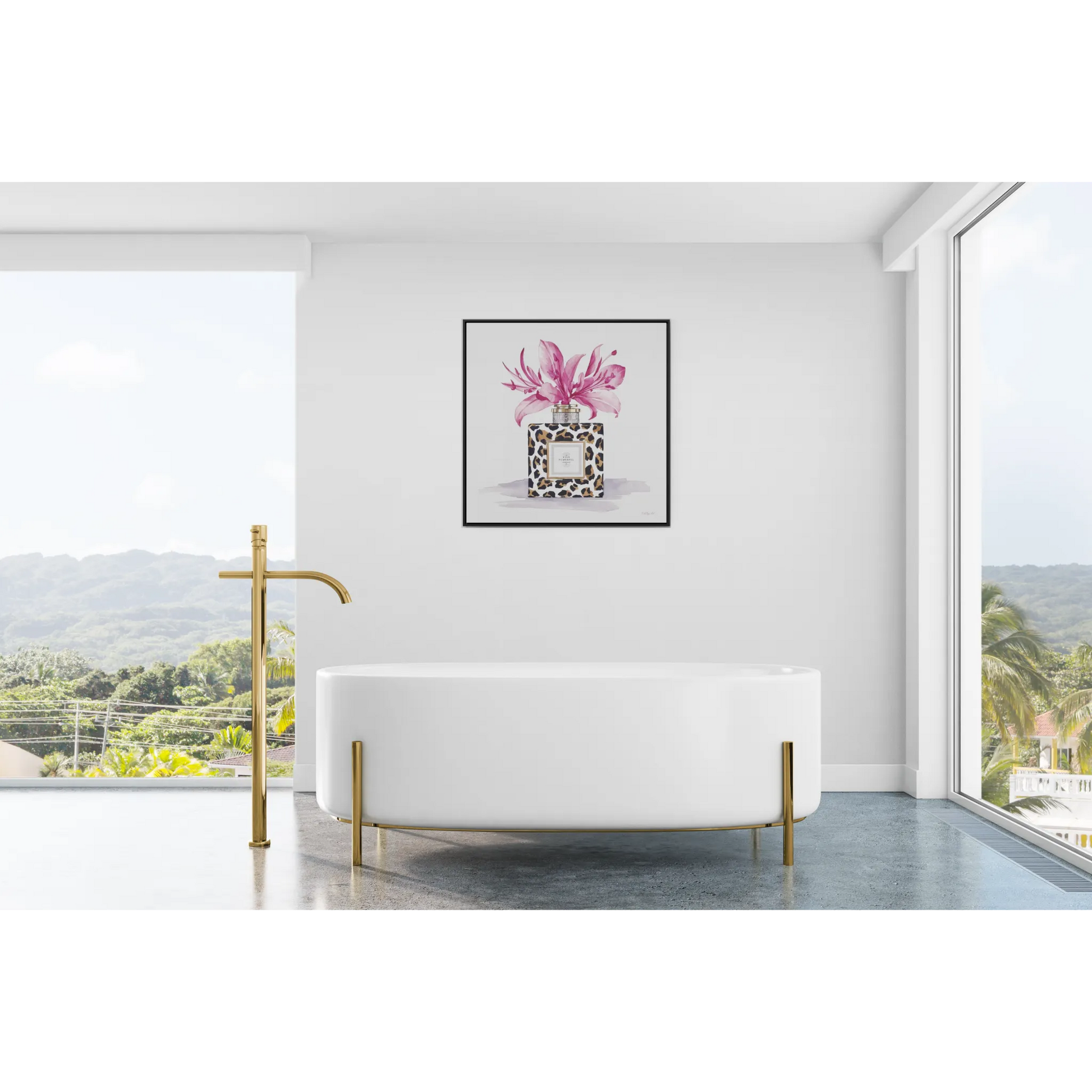Square Frame Canvas Wall Art, Leopard Print Perfume Bottle with Pink Flowers, Feminine Fashion Decor - Gallery Canvas Wraps, Home Office - LOLA VEGAS ART