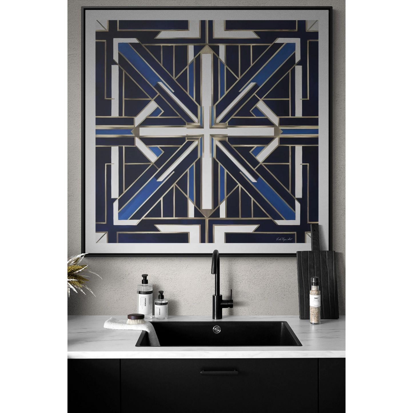 Art Deco Square Frame Canvas Wall Art, Blue and White Gallery Canvas Wraps, Home Decor, Geometric Design, Modern Wall Hanging, Office Decor - LOLA VEGAS ART