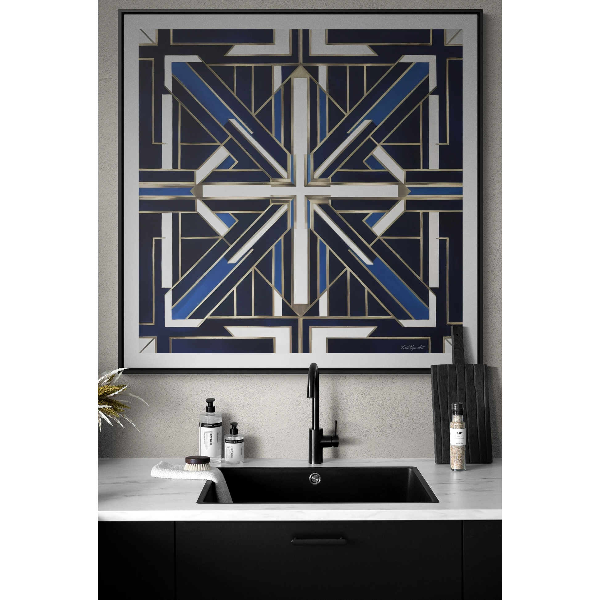 Art Deco Square Frame Canvas Wall Art, Blue and White Gallery Canvas Wraps, Home Decor, Geometric Design, Modern Wall Hanging, Office Decor - LOLA VEGAS ART