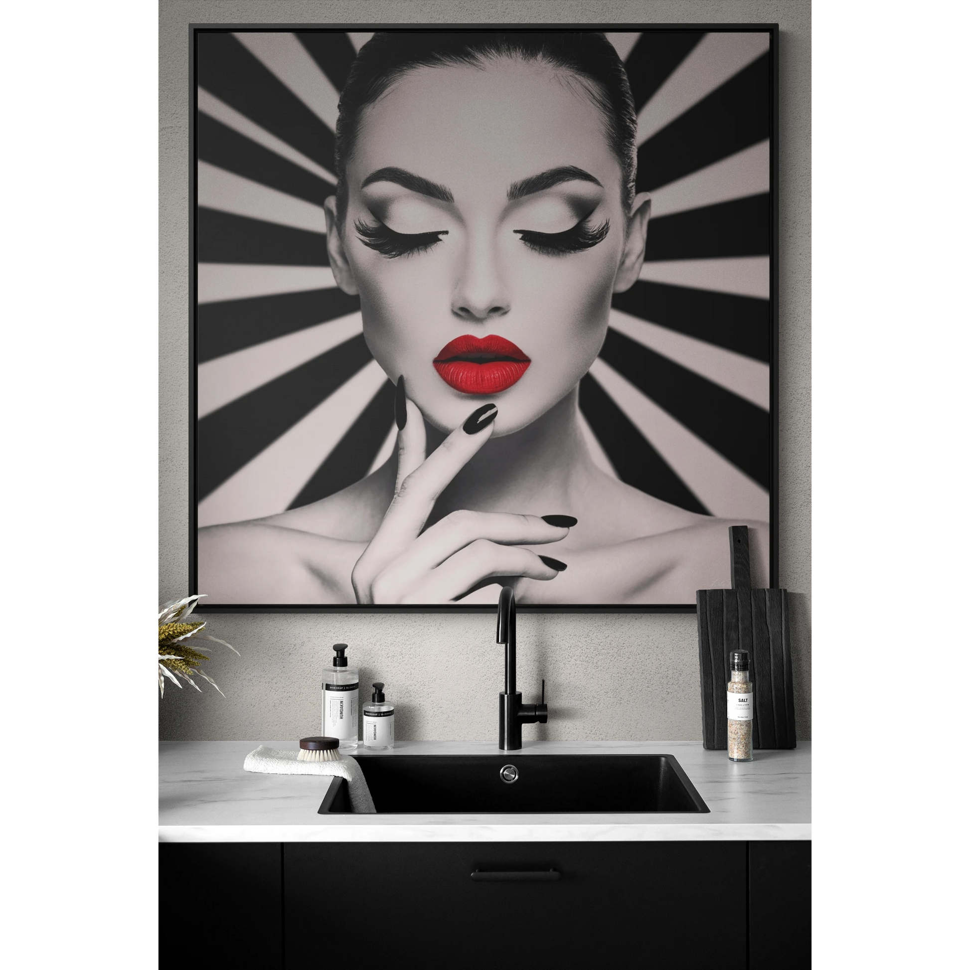 Fashionista Square Frame Canvas Wall Art, Hypnotic Woman Red Lipstick Fine Art Print, Dramatic Glam Decor, Gallery Canvas Wraps, Square - LOLA VEGAS ART