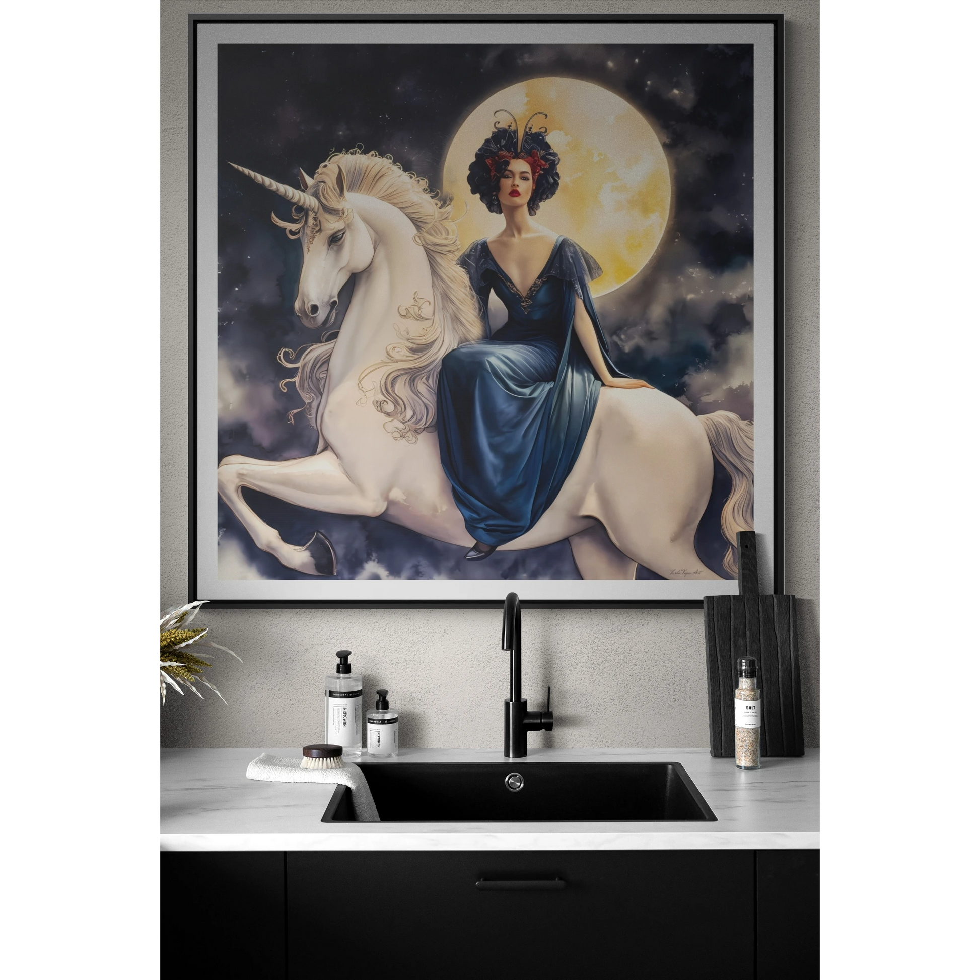 Square Framed Canvas Wall Art, Art Nouveau Style Red-Haired Woman Riding Unicorn Under Full Moon, Fantasy Decor, Magical Night, Gallery - LOLA VEGAS ART