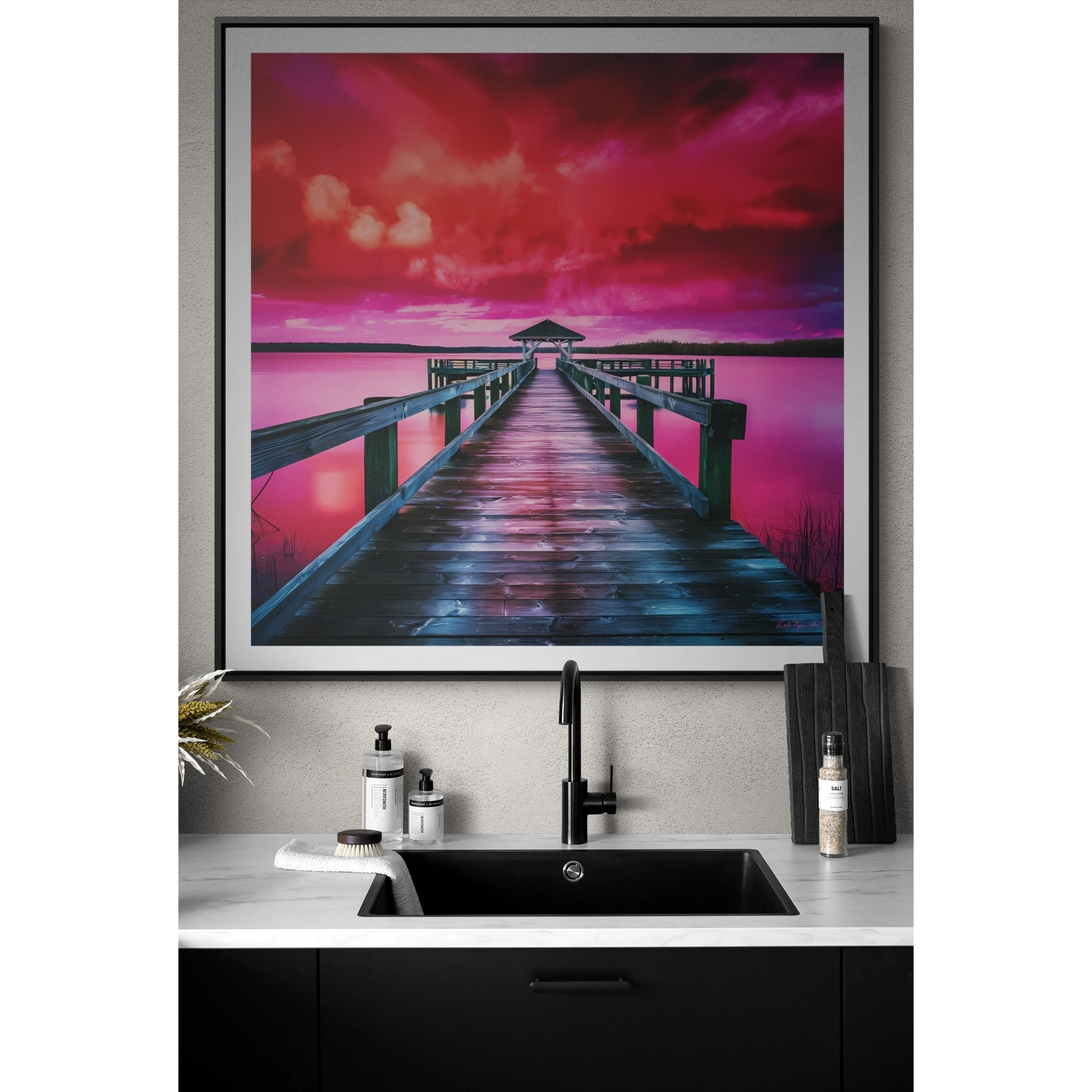 Serene Lake Dock Canvas Wall Art, Square Frame Landscape Print, Peaceful Nature Gallery Wrap, Stunning Pink and Red Sky Decor, Calm Water - LOLA VEGAS ART