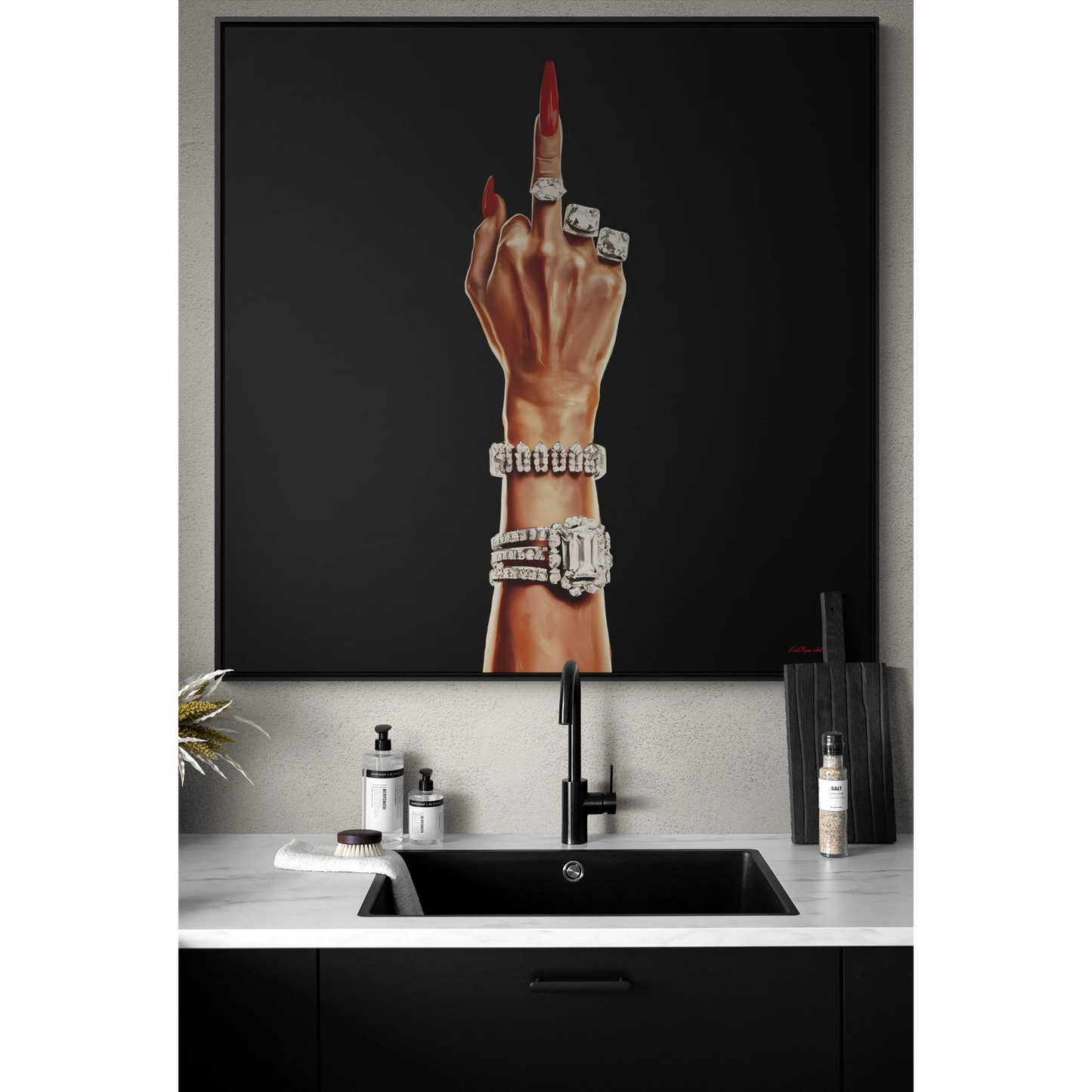 Canvas Wall Art, Feminist Artwork, Square Frame Decor, Bold Female Power, Glamorous Diamond Design, Rich Woman Flipping the Bird, Audacious - LOLA VEGAS ART