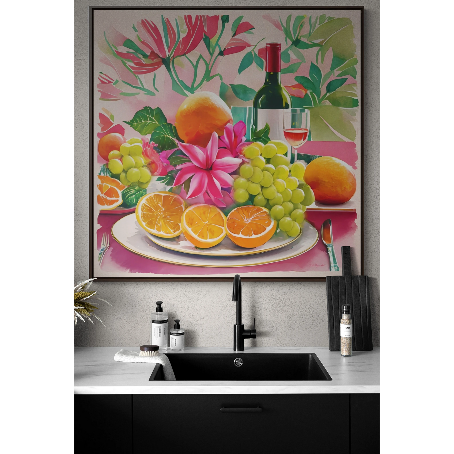 Feminine Square Wall Art, Gallery Canvas Wraps for Sunday Brunch, Pink Decor, Fruit Flowers Champagne, Gift for Her, Home Decor, Square - LOLA VEGAS ART