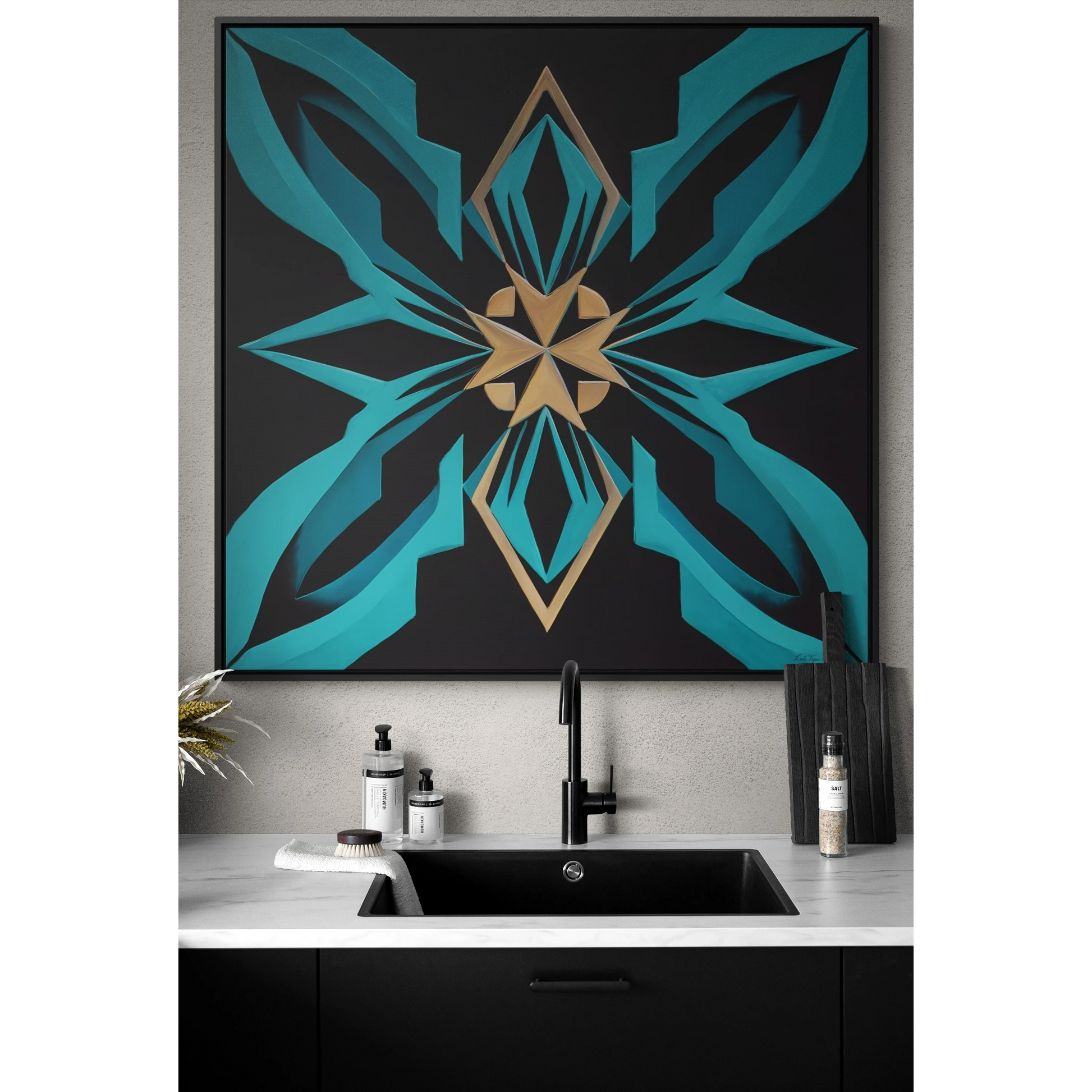 Art Deco Square Canvas Wall Art, Gallery Canvas Wraps, Turquoise and Gold Home Decor, Black Canvas Frame, Modern Wall Hanging, Office Decor, - LOLA VEGAS ART