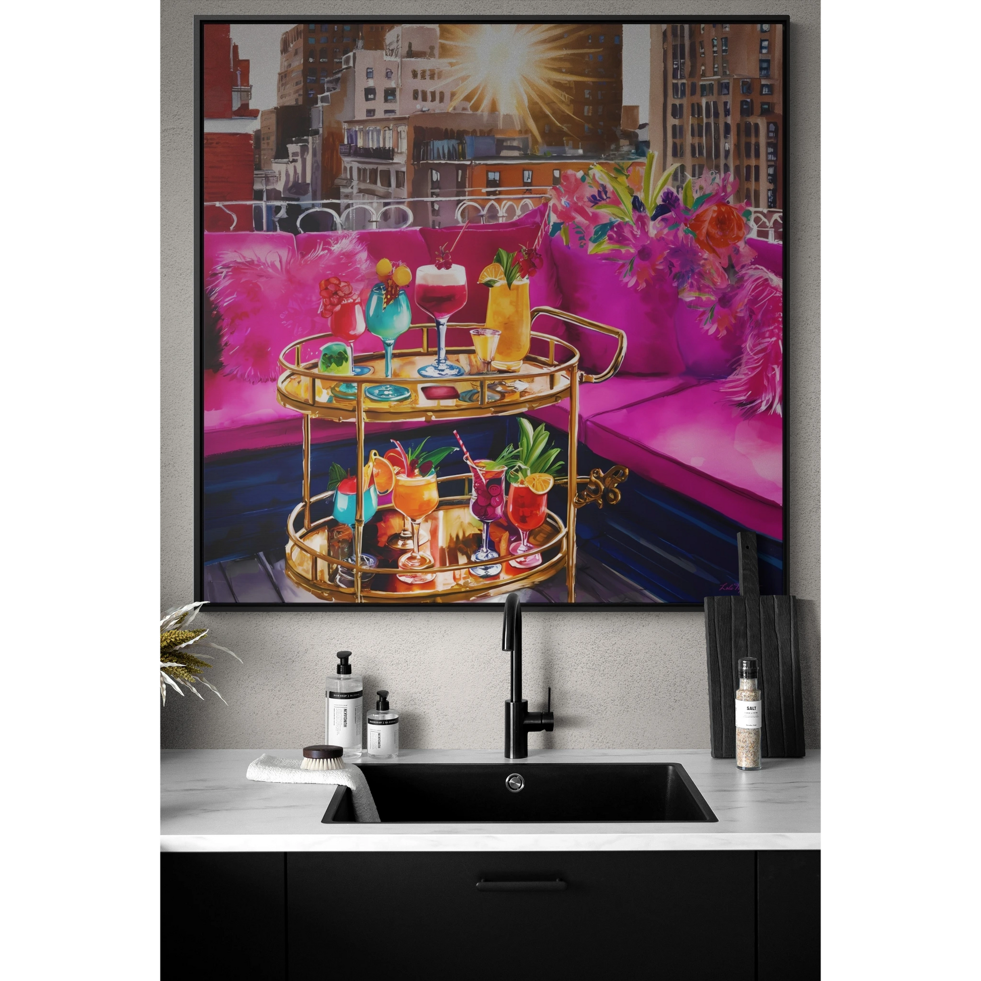 Fashionista Square Canvas Wall Art NYC Rooftop Deck, Hot Pink Couch, Cocktails, Glamorous & Feminine, Pink Decor, Trendy, Glam Girl - LOLA VEGAS ART