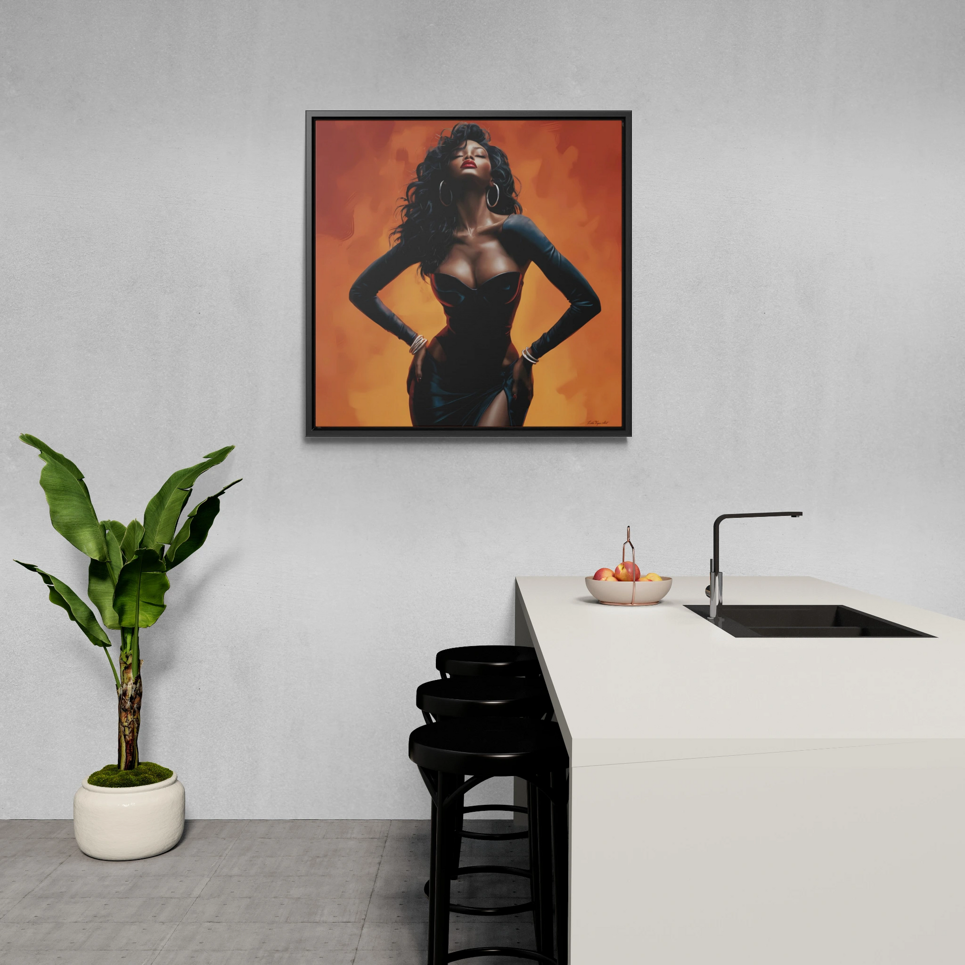 Sun Goddess Square Framed Canvas Wall Art, Orange, Black Girl Magic, African American Art Decor, Ethnic Home Decor, Sexy, Neo Soul, Feminine - LOLA VEGAS ART