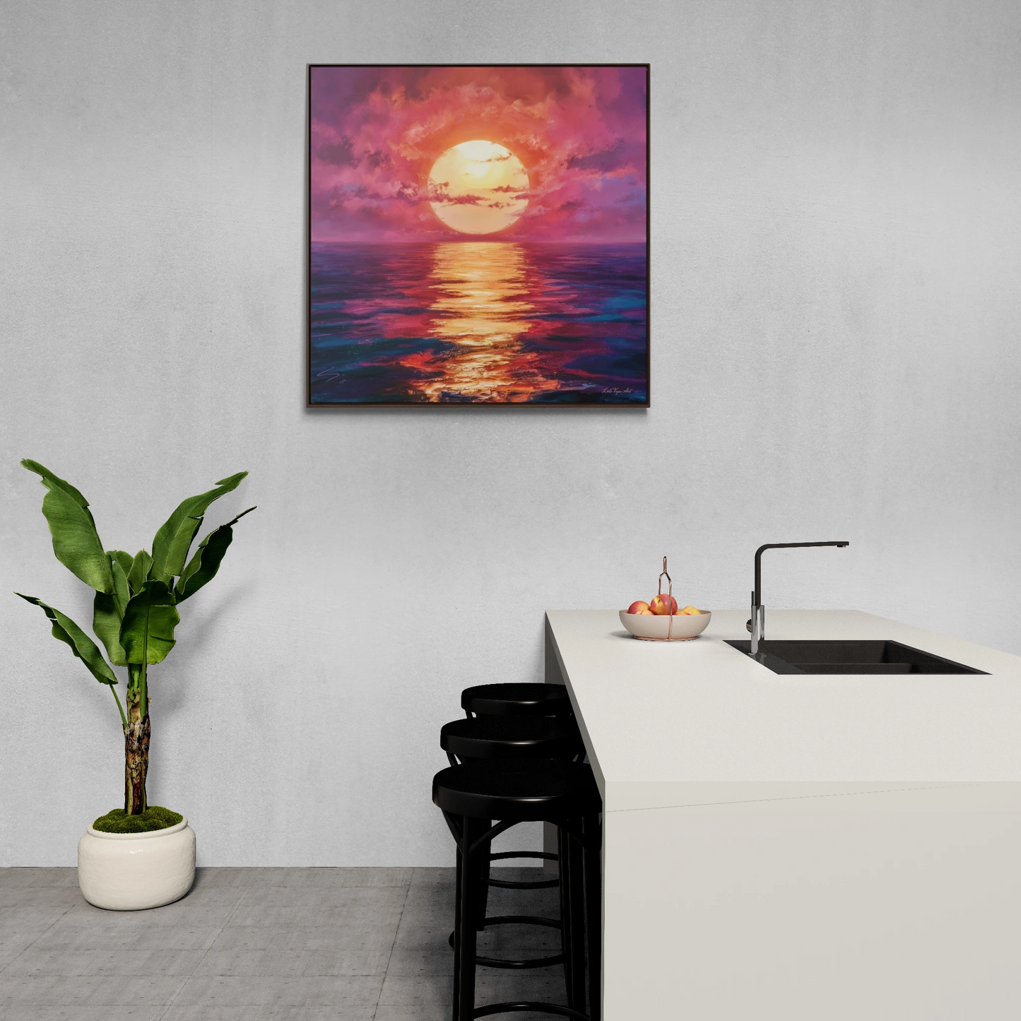 Canvas Wall Art, Moonlight Pink Orange Sky Square Frame Serenity Calmness Decor, Ocean Gallery Wrap, Home Office Decor, Beach House Gift, - LOLA VEGAS ART