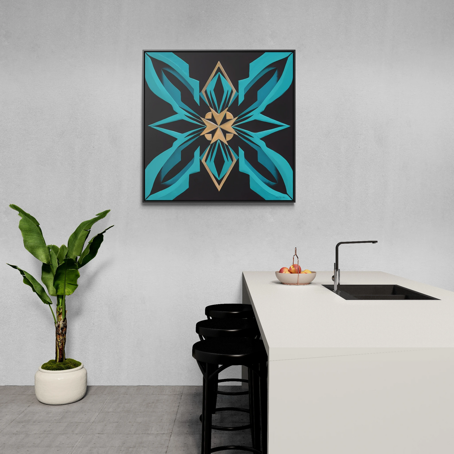 Art Deco Square Canvas Wall Art, Gallery Canvas Wraps, Turquoise and Gold Home Decor, Black Canvas Frame, Modern Wall Hanging, Office Decor, - LOLA VEGAS ART