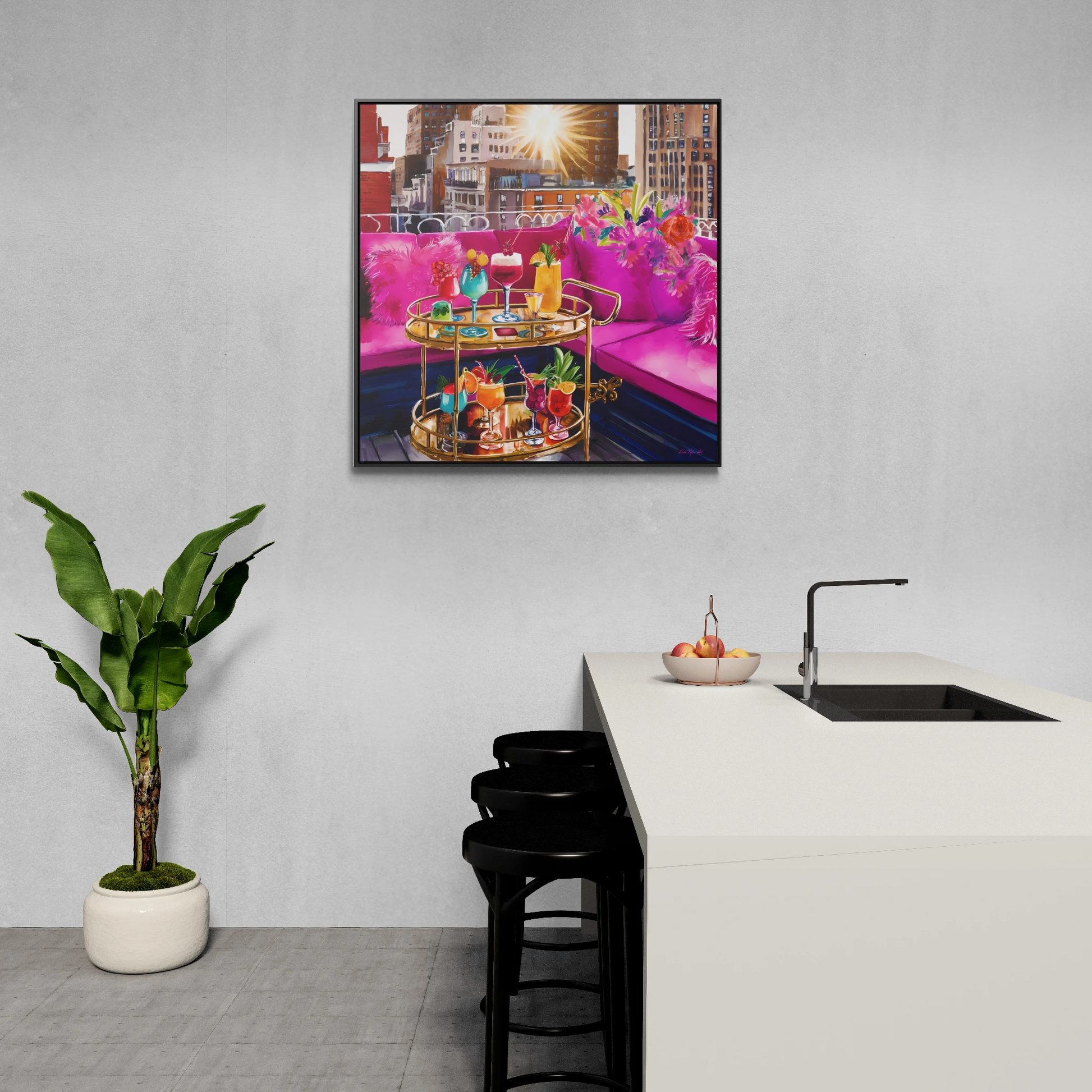Fashionista Square Canvas Wall Art NYC Rooftop Deck, Hot Pink Couch, Cocktails, Glamorous & Feminine, Pink Decor, Trendy, Glam Girl - LOLA VEGAS ART