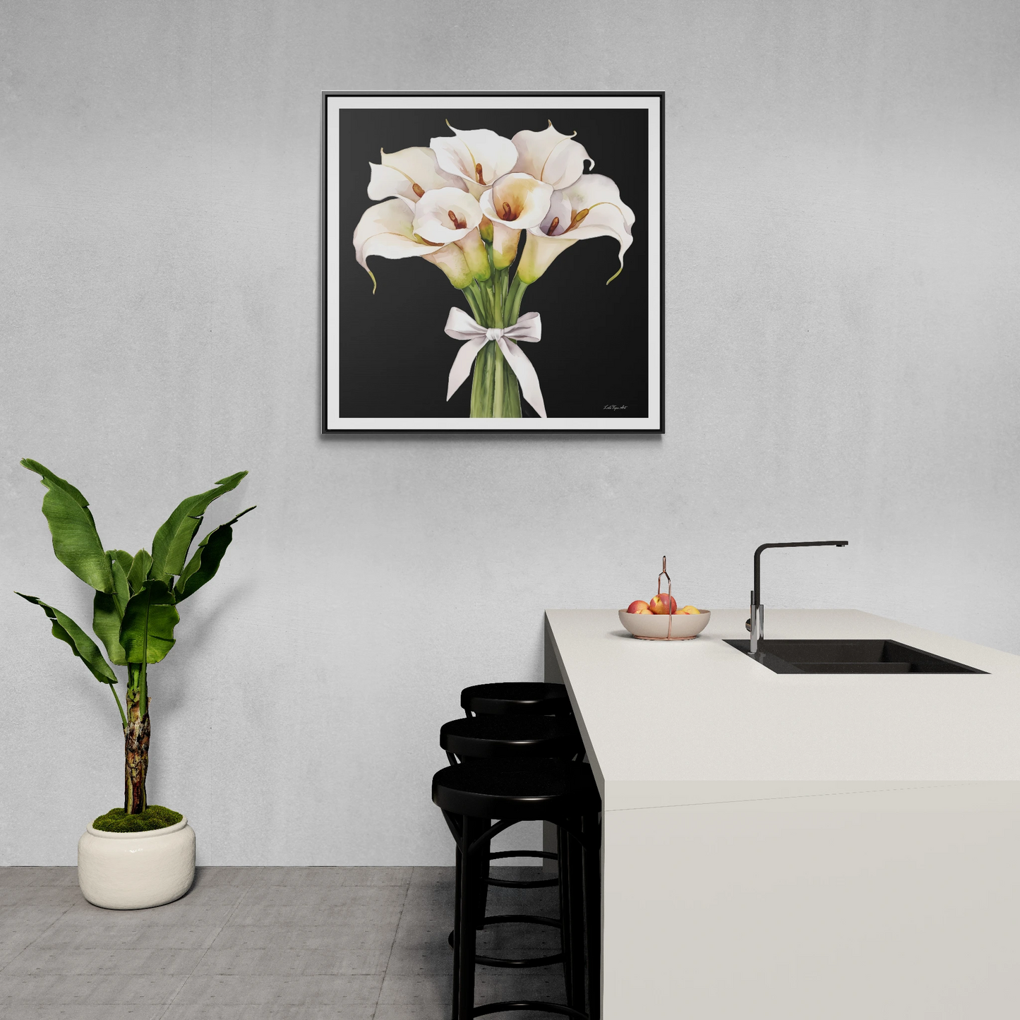Square Frame Canvas Wall Art - White Calla Lillies Bouquet Painting, Gallery Canvas Wraps, Square Frame, Home Decor, Floral Art, Black - LOLA VEGAS ART
