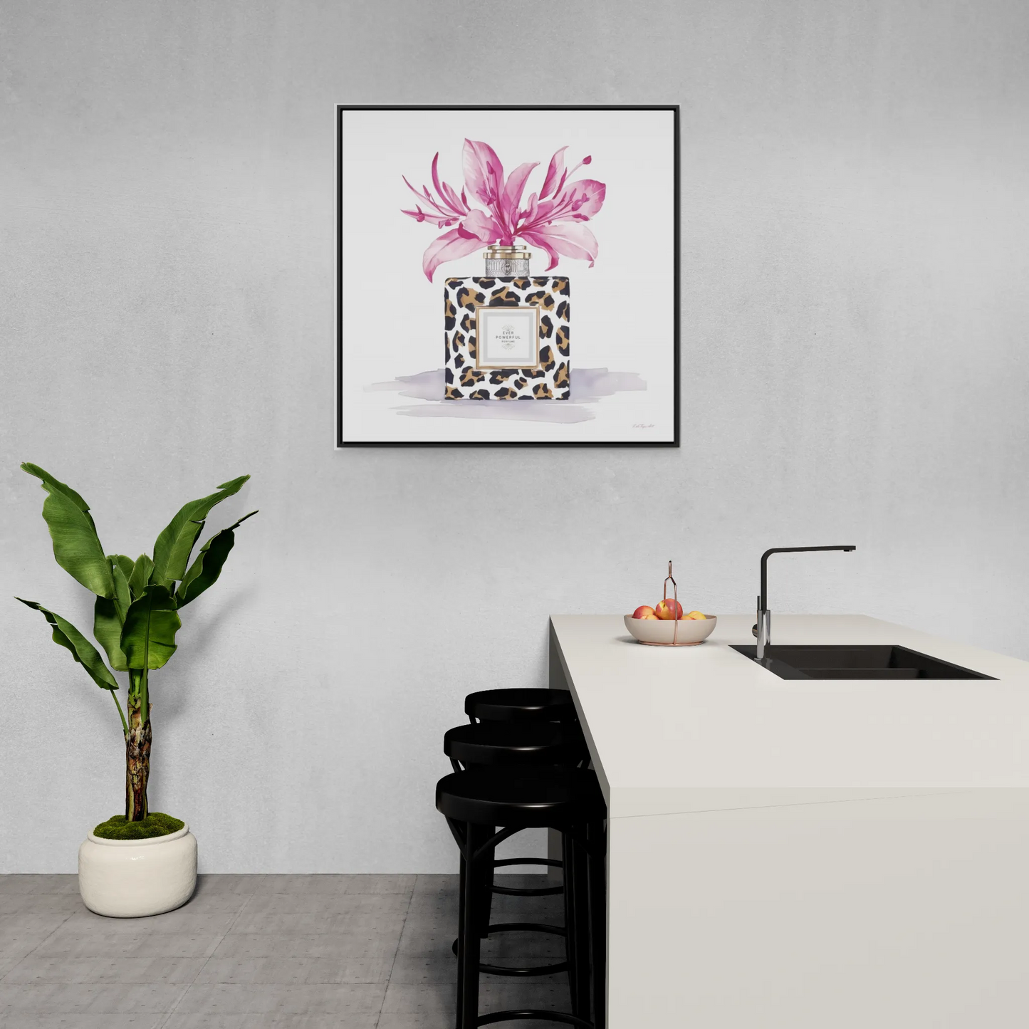 Square Frame Canvas Wall Art, Leopard Print Perfume Bottle with Pink Flowers, Feminine Fashion Decor - Gallery Canvas Wraps, Home Office - LOLA VEGAS ART