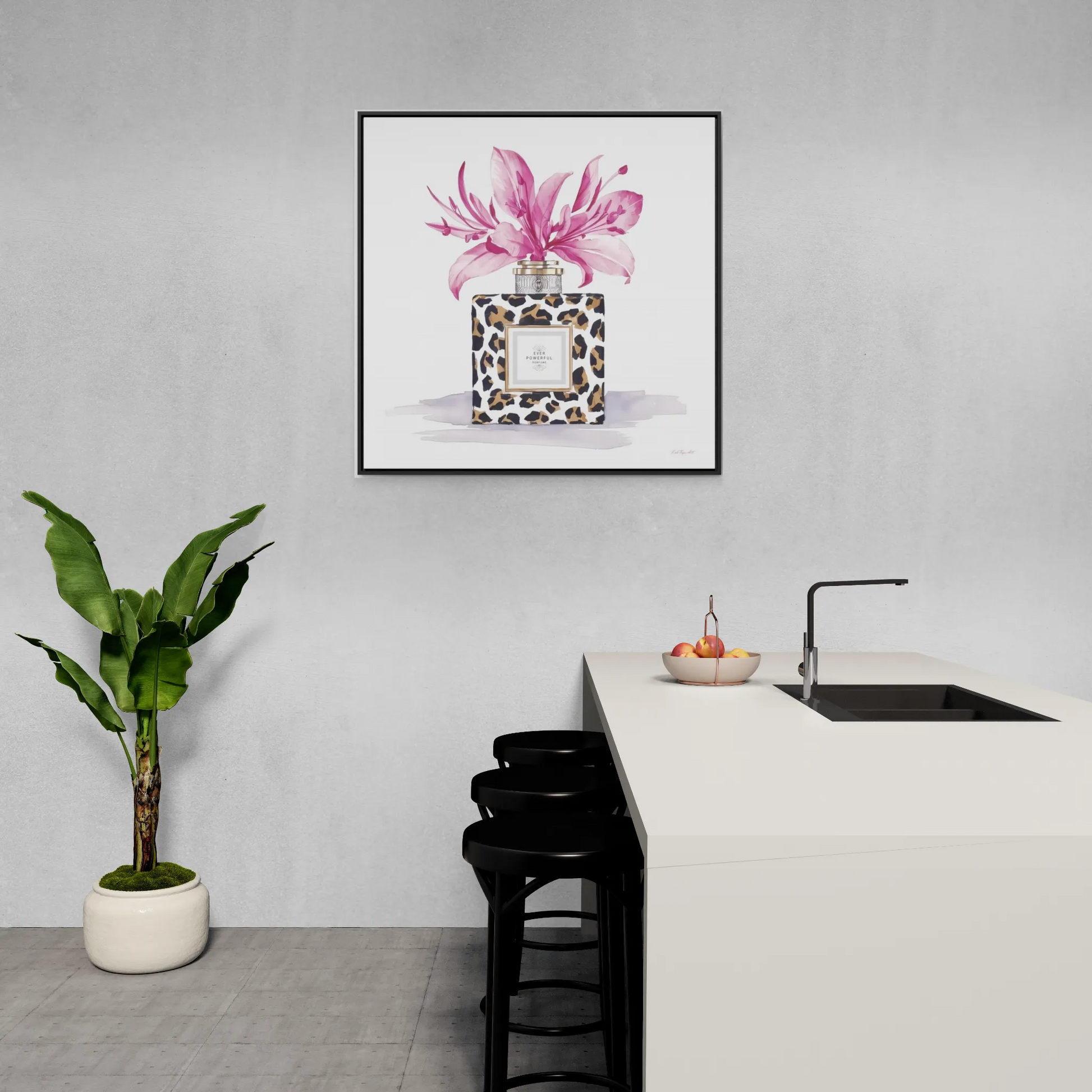 Square Frame Canvas Wall Art, Leopard Print Perfume Bottle with Pink Flowers, Feminine Fashion Decor - Gallery Canvas Wraps, Home Office - LOLA VEGAS ART