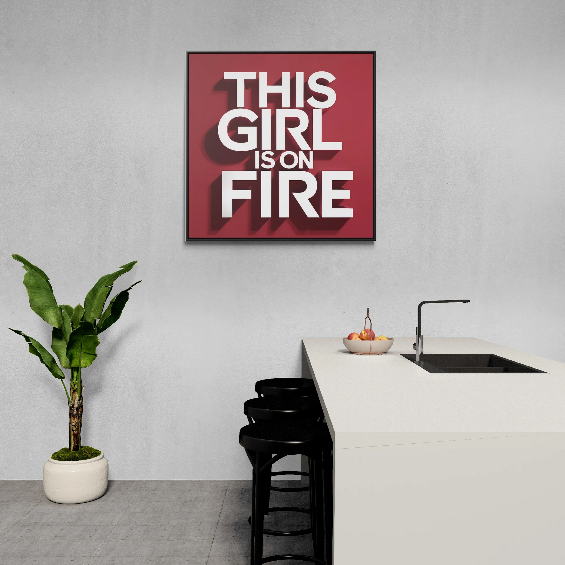 Canvas Wall Art, Female Empowerment Decor, Typography Square Frame, This Girl is on Fire, Trendy Red and White Home Decor, Gallery Wrap - LOLA VEGAS ART