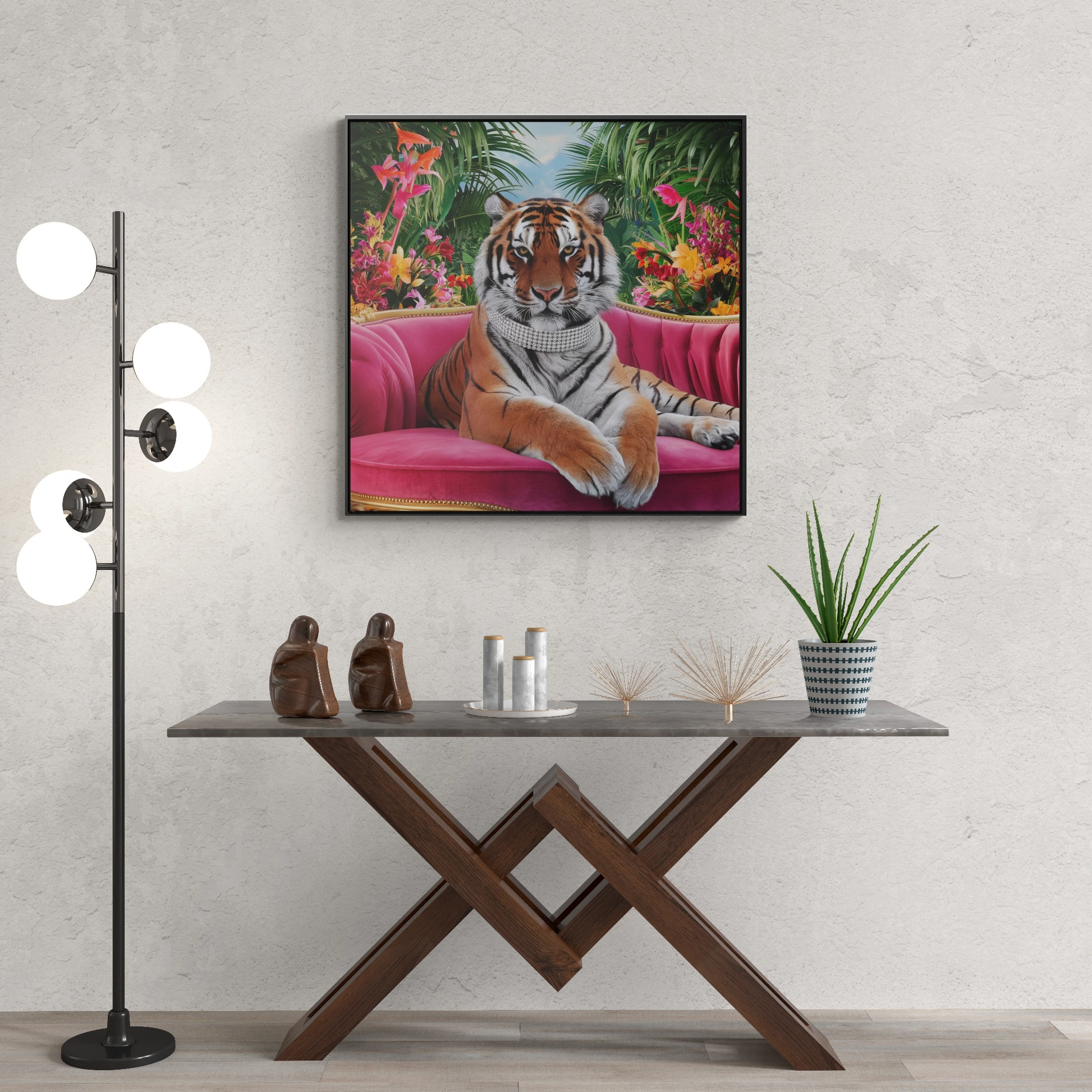 Tiger Square Canvas Wrap Wall Art, Majestic Tropical Flowers Regal Nature Home Decor, Pink Velvet Couch Animal Print, Jungle Theme Room - LOLA VEGAS ART