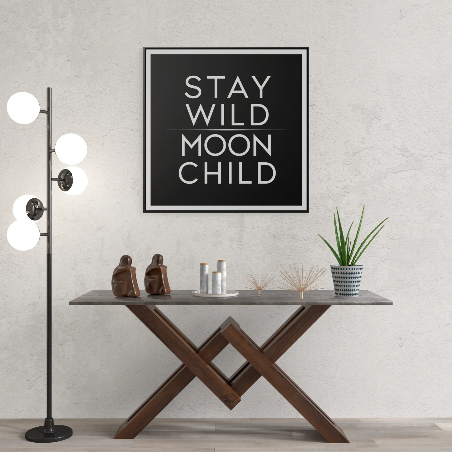 Square Frame Canvas Wall Art, Stay Wild Moon Child Typography Print, Black and White Home Decor, Gallery Canvas Wraps, Boho Wall Hanging, - LOLA VEGAS ART