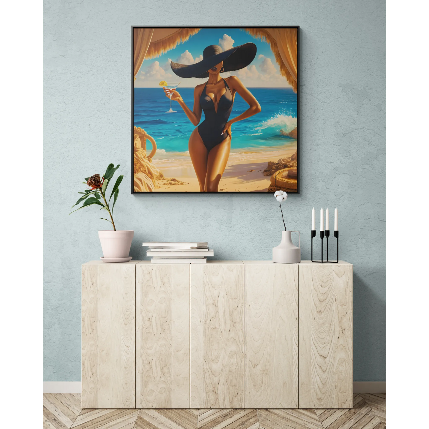 Canvas Wall Art, Woman in Sunhat at Beach with Martini, Home Decor, Square Frame, Vacation, Summer, Ocean View, Tropical Artwork, Beach - LOLA VEGAS ART