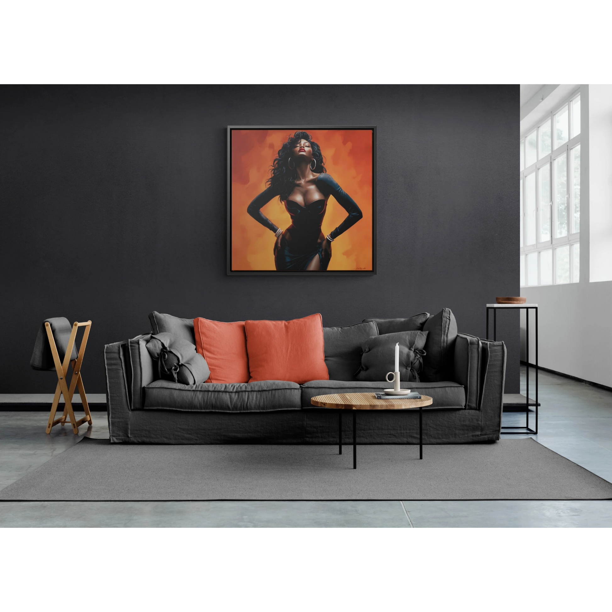 Sun Goddess Square Framed Canvas Wall Art, Orange, Black Girl Magic, African American Art Decor, Ethnic Home Decor, Sexy, Neo Soul, Feminine - LOLA VEGAS ART