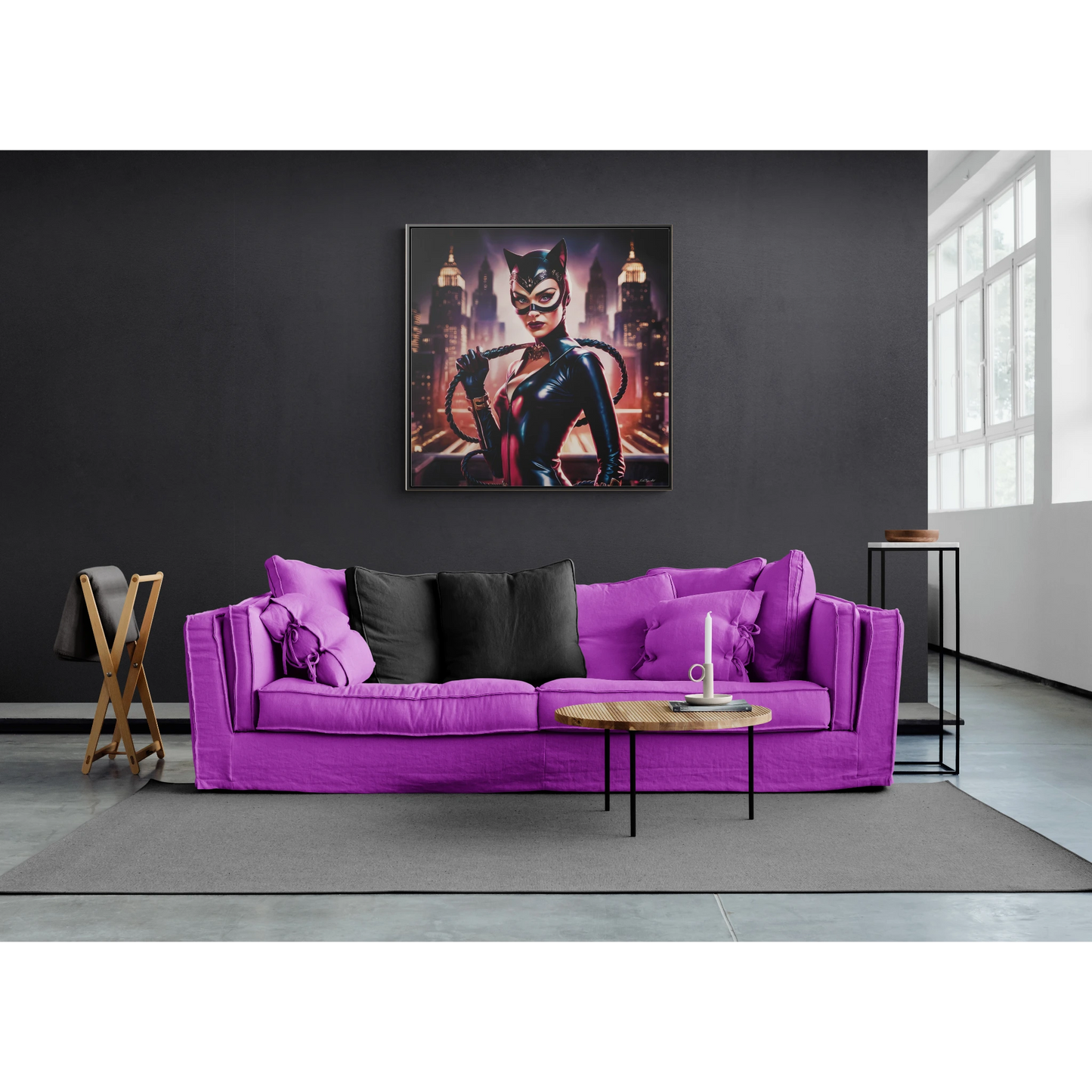 Catwoman Square Frame Canvas Wall Art, Retro Sexy Comic Villain Gallery Wrap, Gotham City Home Decor, Classic Catsuit Design, Bedroom Living - LOLA VEGAS ART